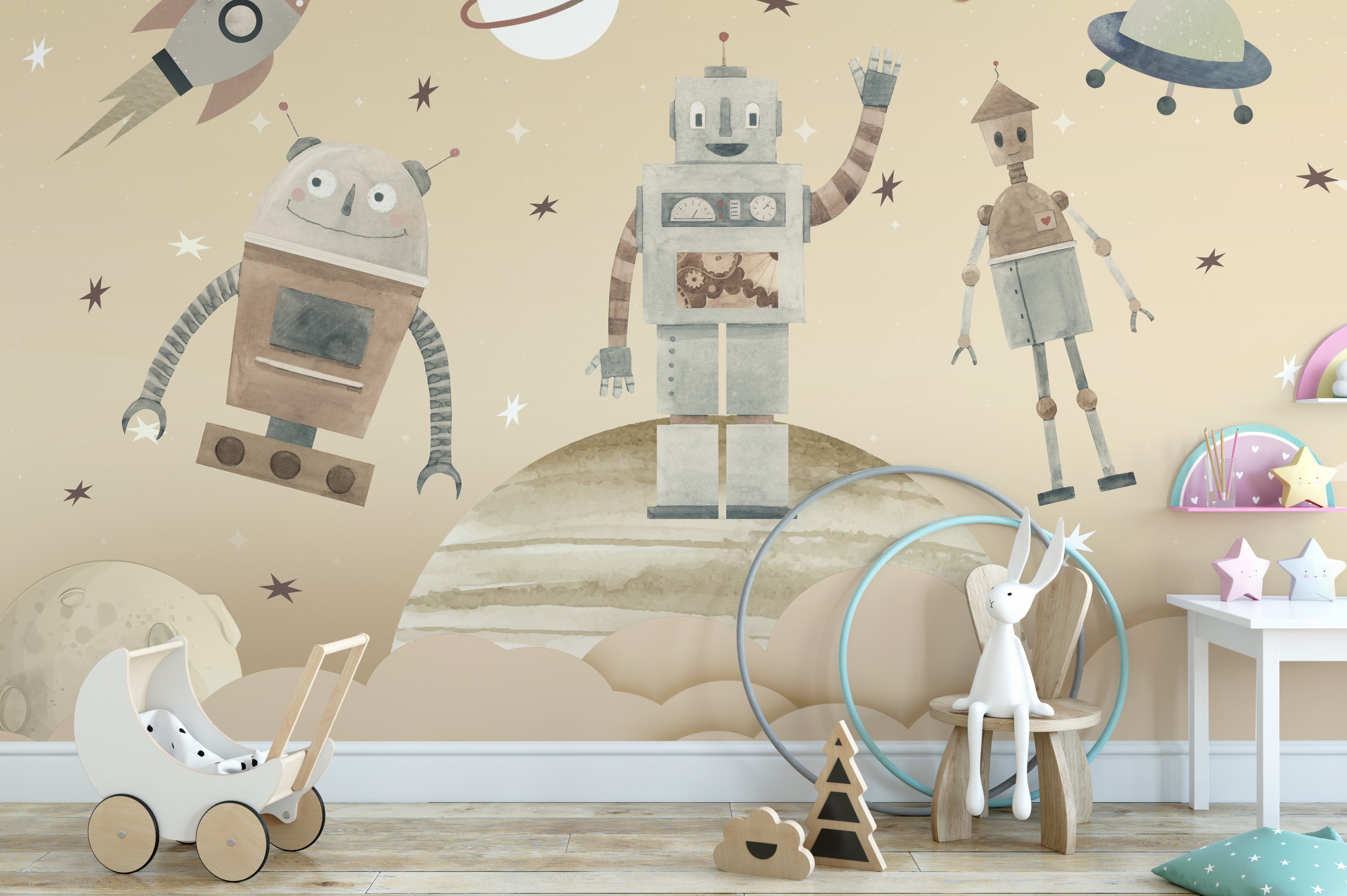 Adventurous robot wallpaper in space