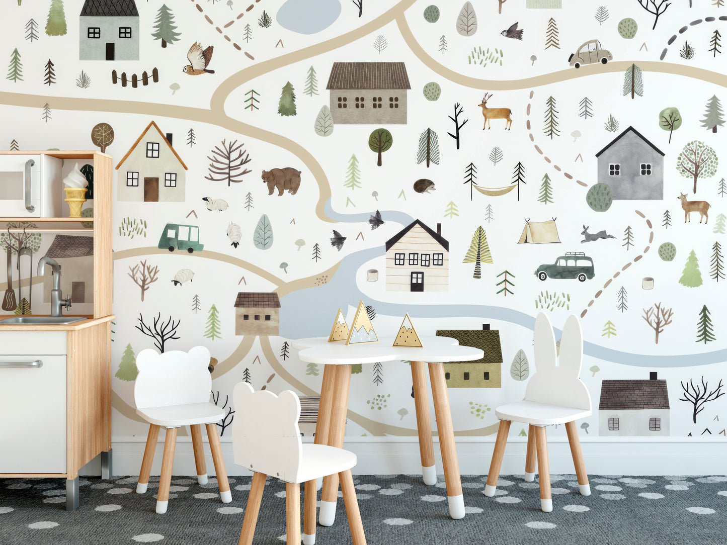 Whimsical countryside map wallpaper art
