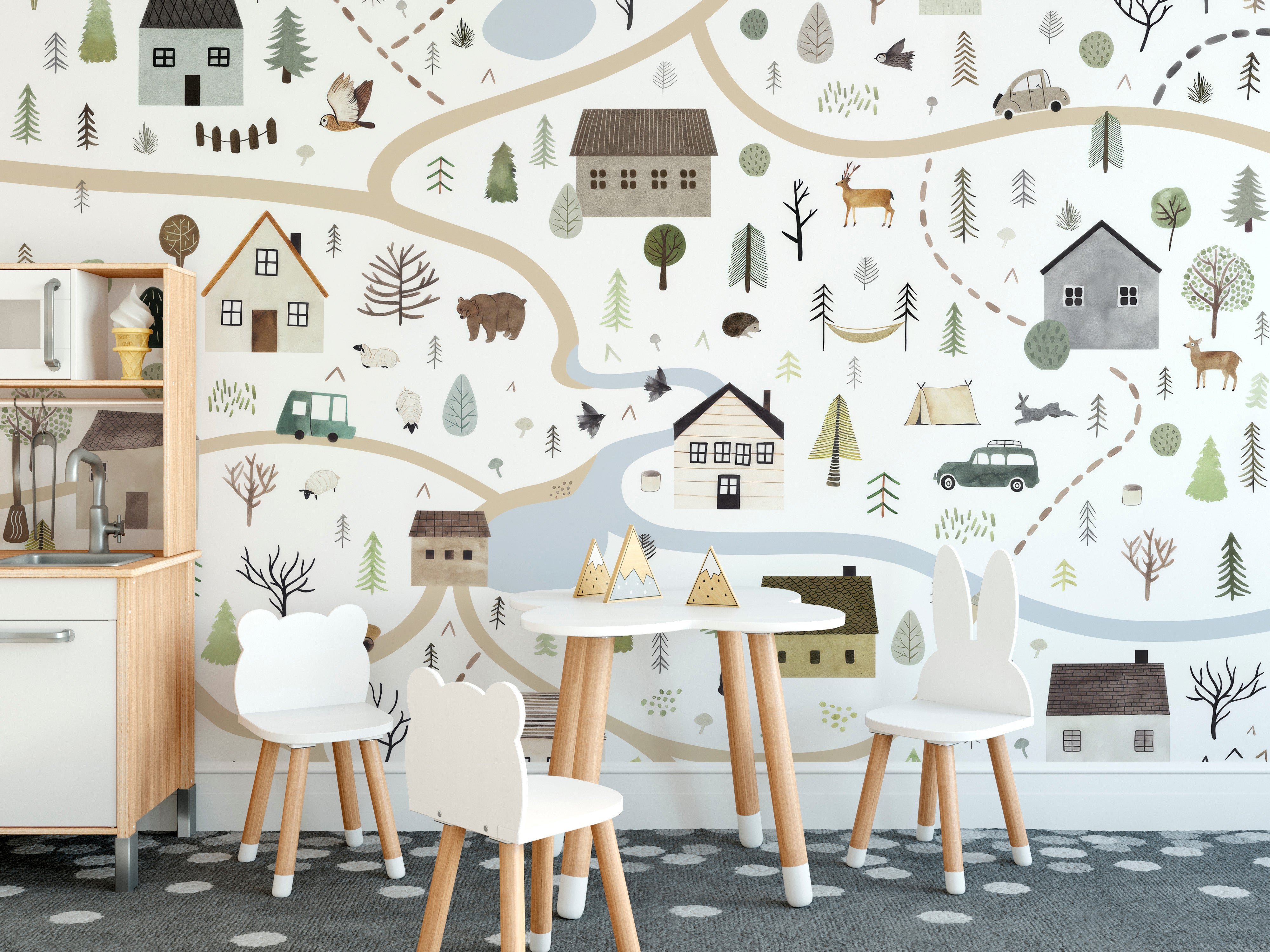 Whimsical countryside map wallpaper art
