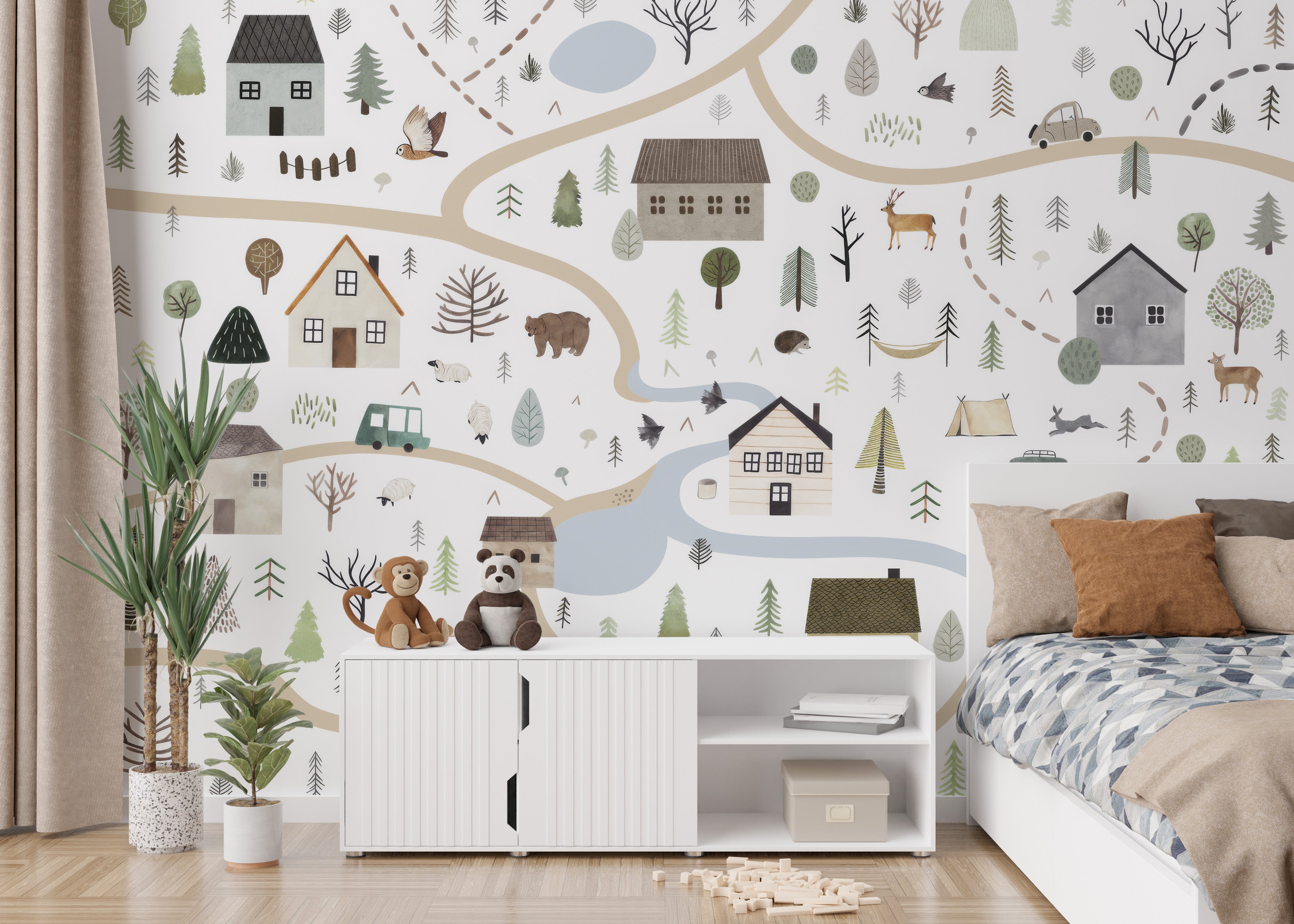 Countryside charm in scenic mural design
