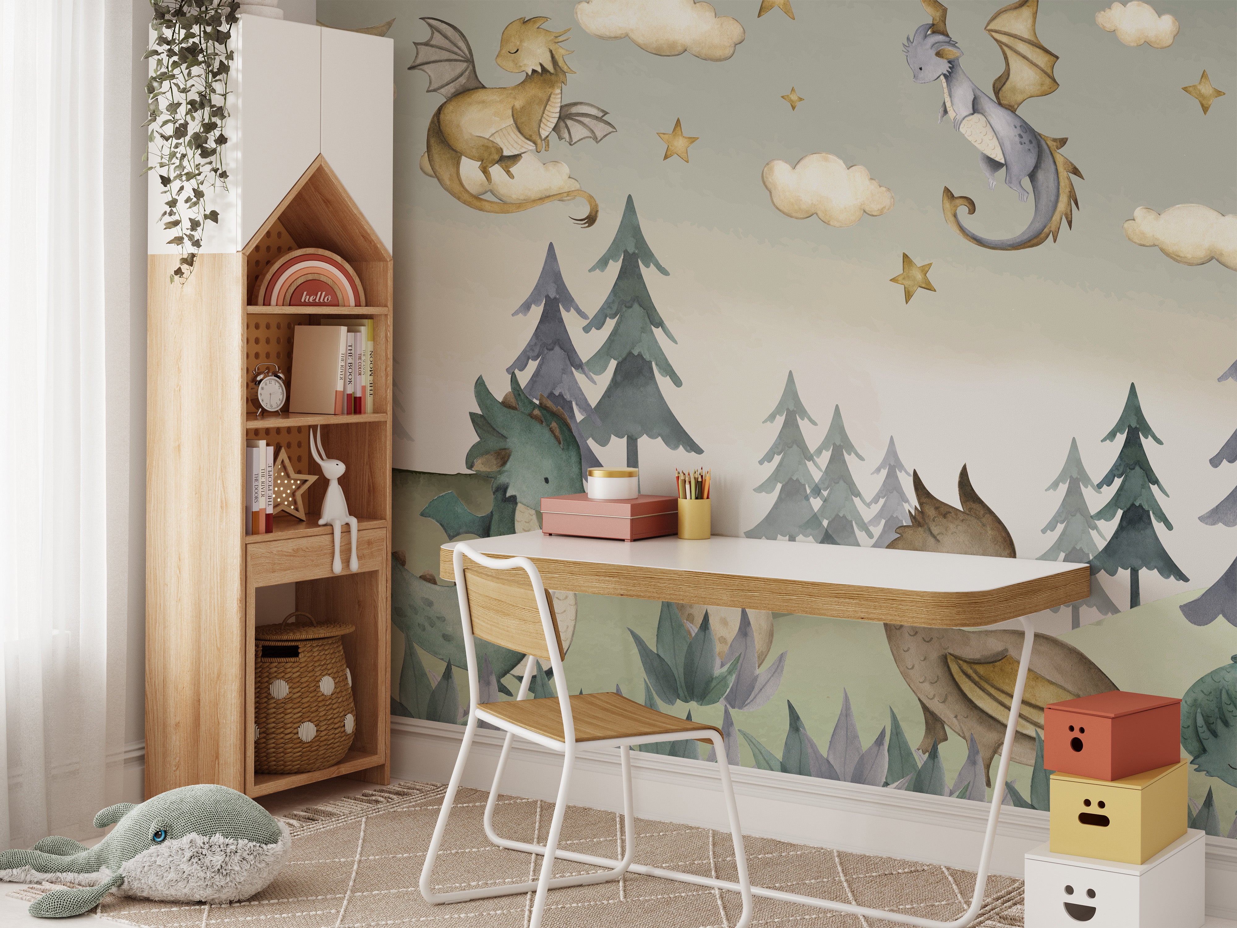 Enchanted wallpaper with dragons and stars
