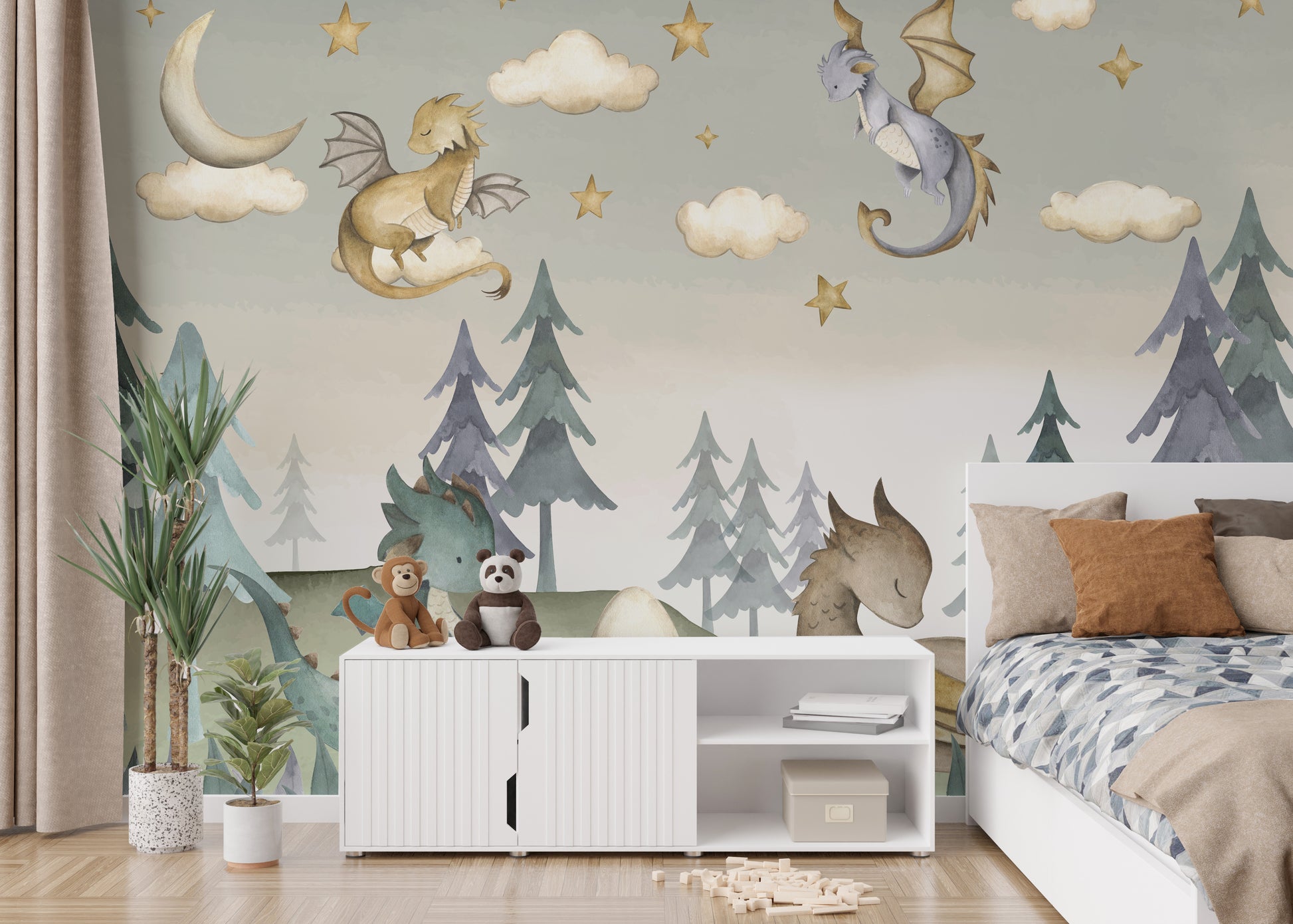 Whimsical dragon mural with night sky
