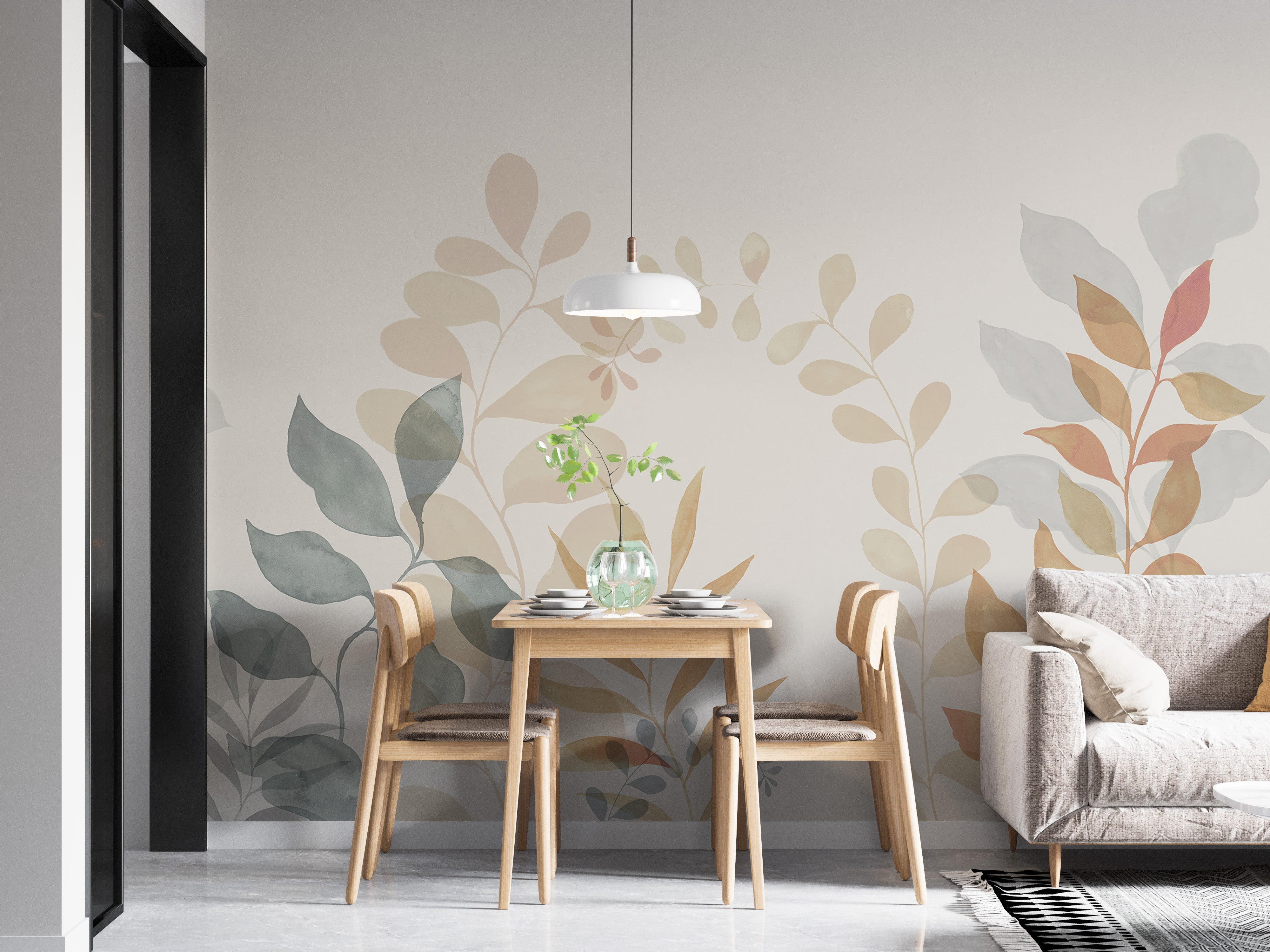 Watercolor-inspired leaves mural.
