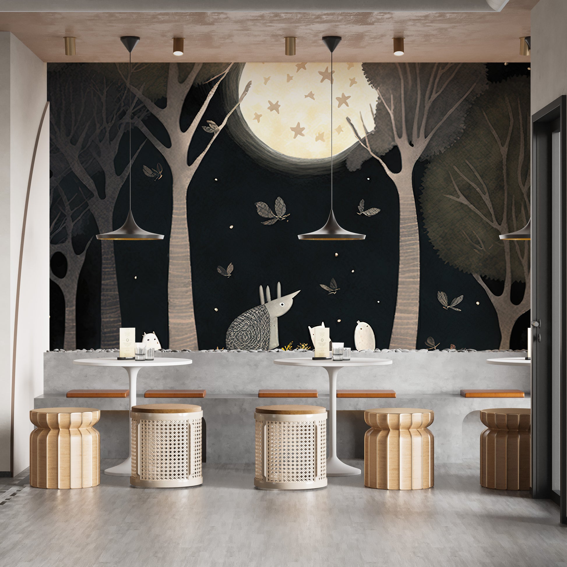 Forest animals enjoying a starry night wallpaper.