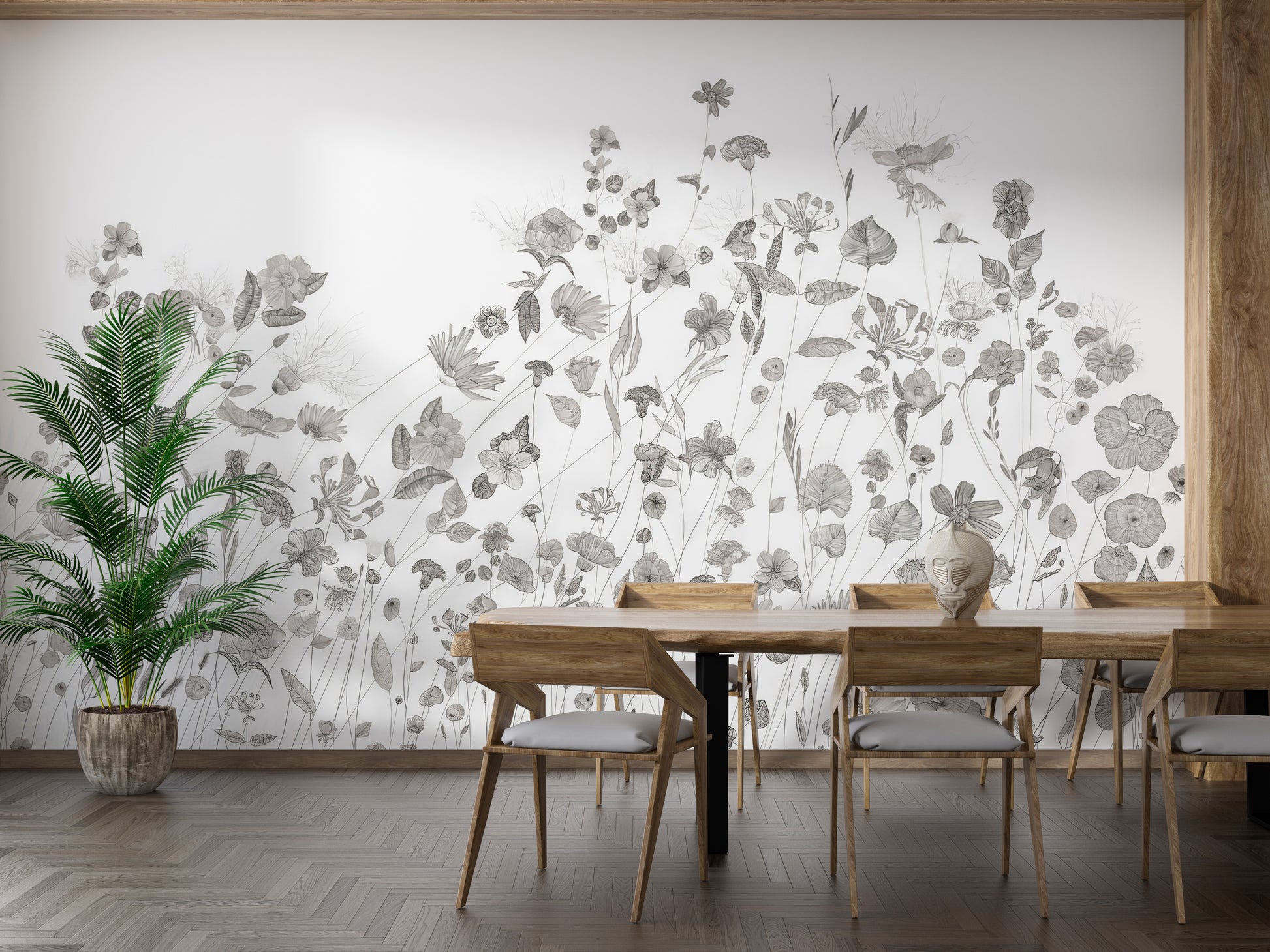 Sketch-style wallpaper with floral mural design