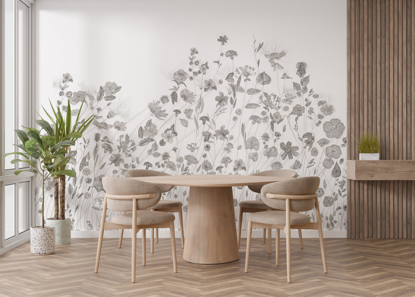 Elegant sketch floral wallpaper mural design