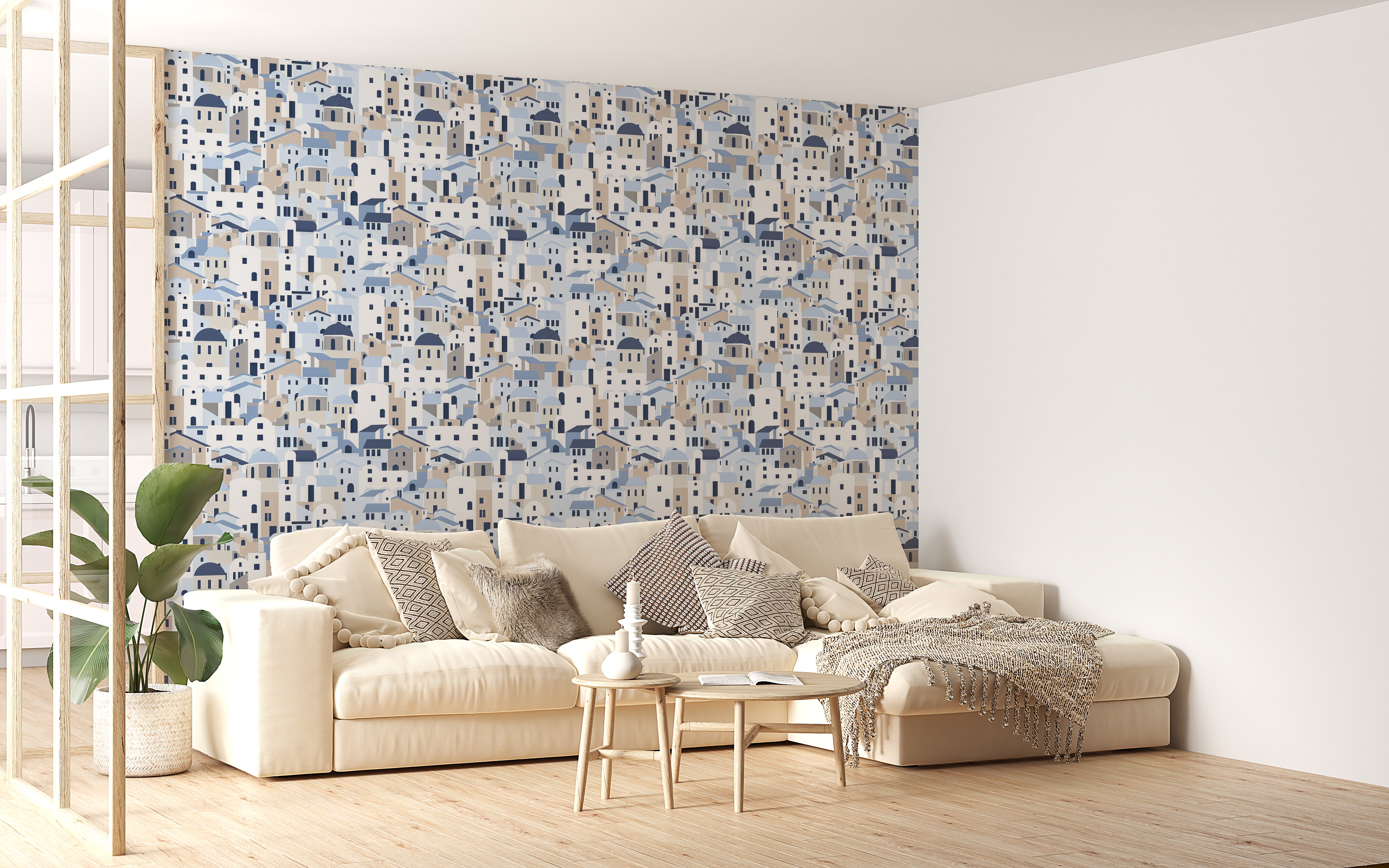 Wallpaper featuring Santorini-inspired repeat design