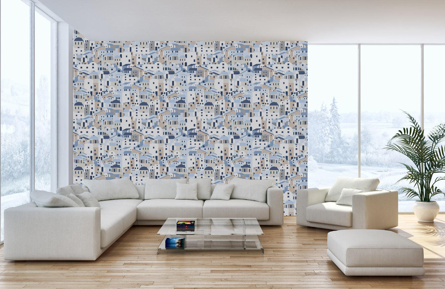 Blue and white Santorini wallpaper pattern