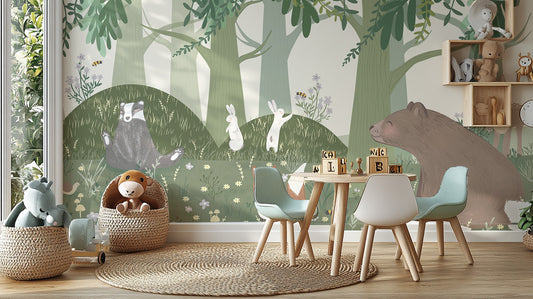 Forest wildlife wallpaper featuring rabbits and bear mural.