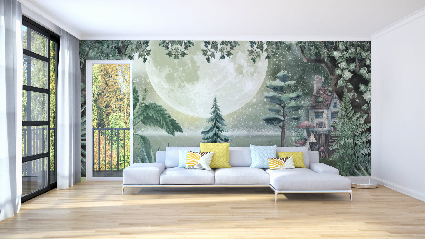 Enchanted forest wallpaper with lush greenery and moon.