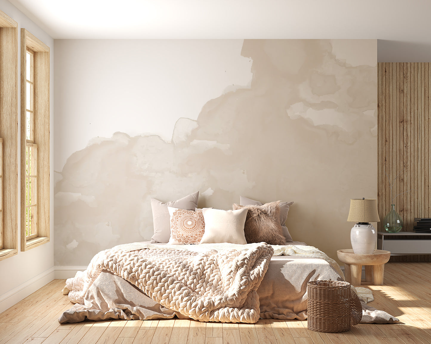 Watercolor wallpaper mural with subtle beige abstract strokes.