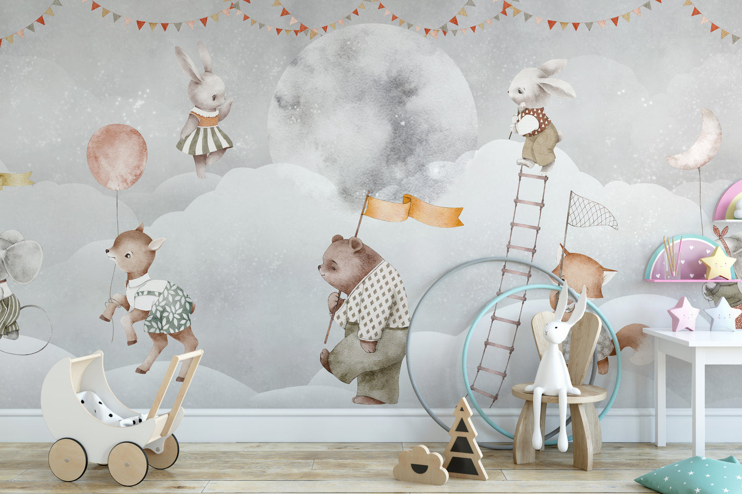 Animal cloud wallpaper for celestial-themed baby nurseries