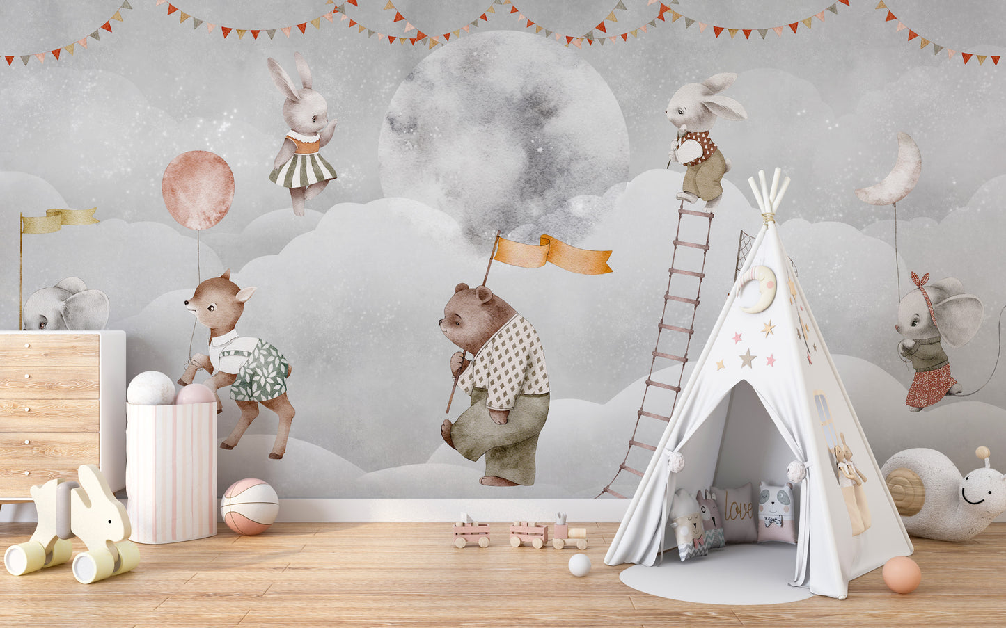 Adorable animal cloud parade wallpaper for nursery walls