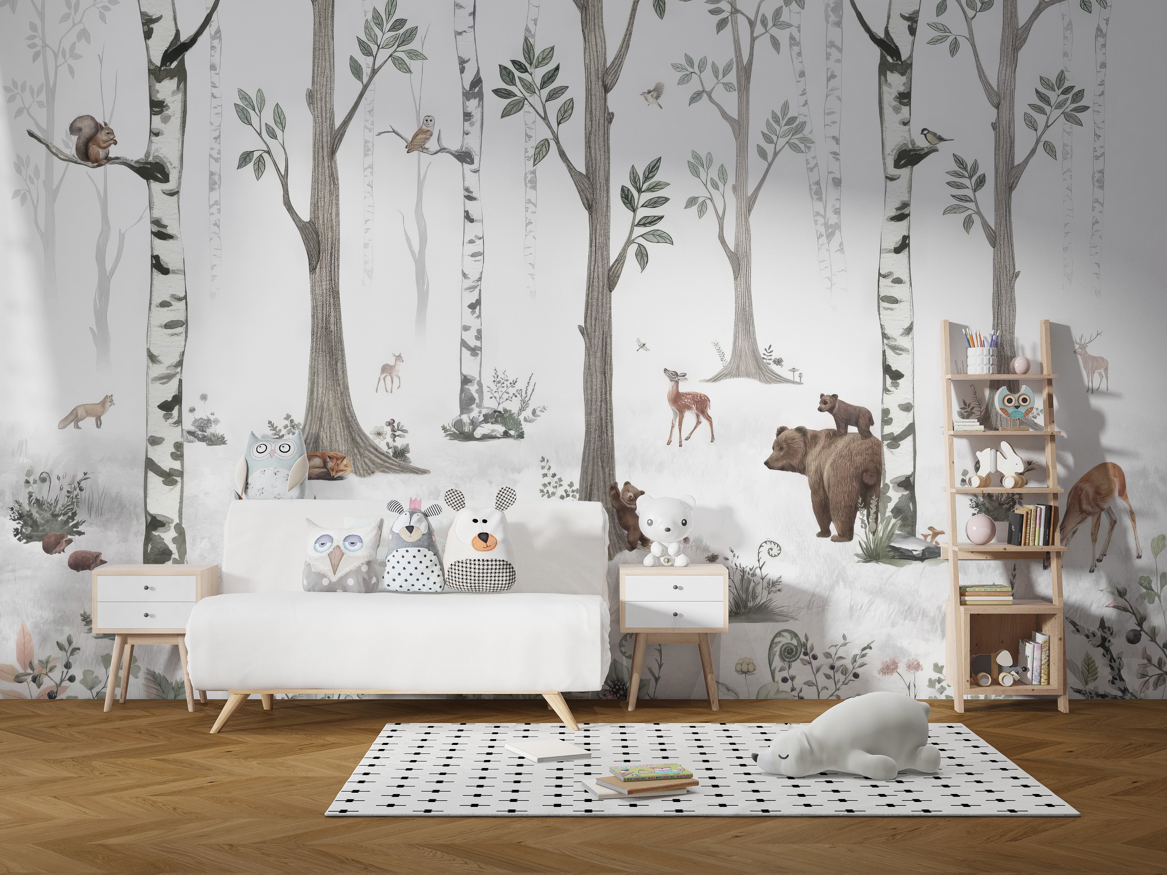 Nature-inspired wallpaper with woodland animal designs.