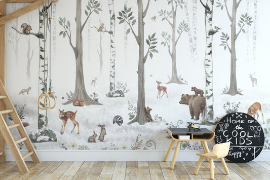 Forest haven wallpaper featuring bears, deer, and owls.