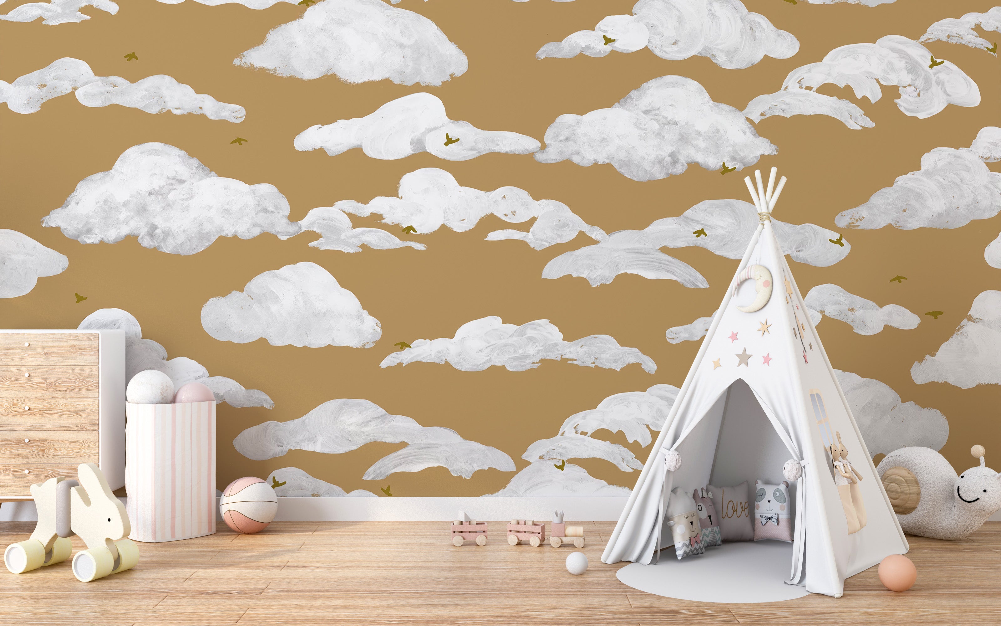 Soft fluffy clouds against golden sky wallpaper mural