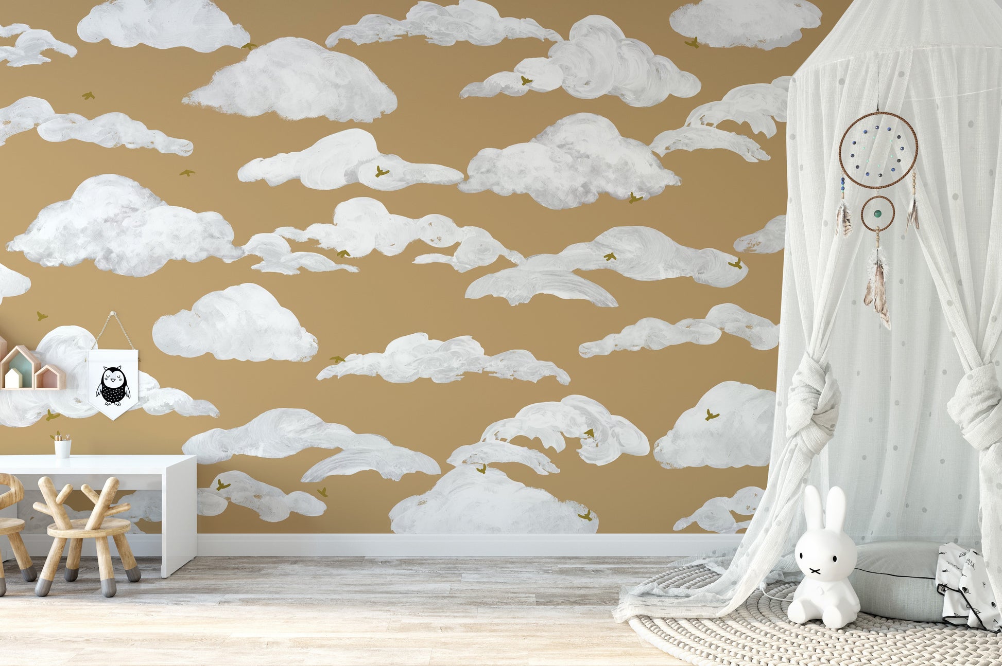 Golden clouds and soft sky mural for rooms