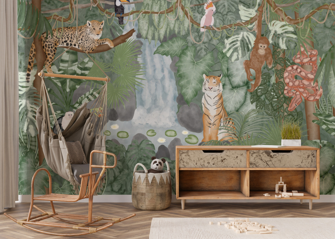 Tropical rainforest mural with exotic animals