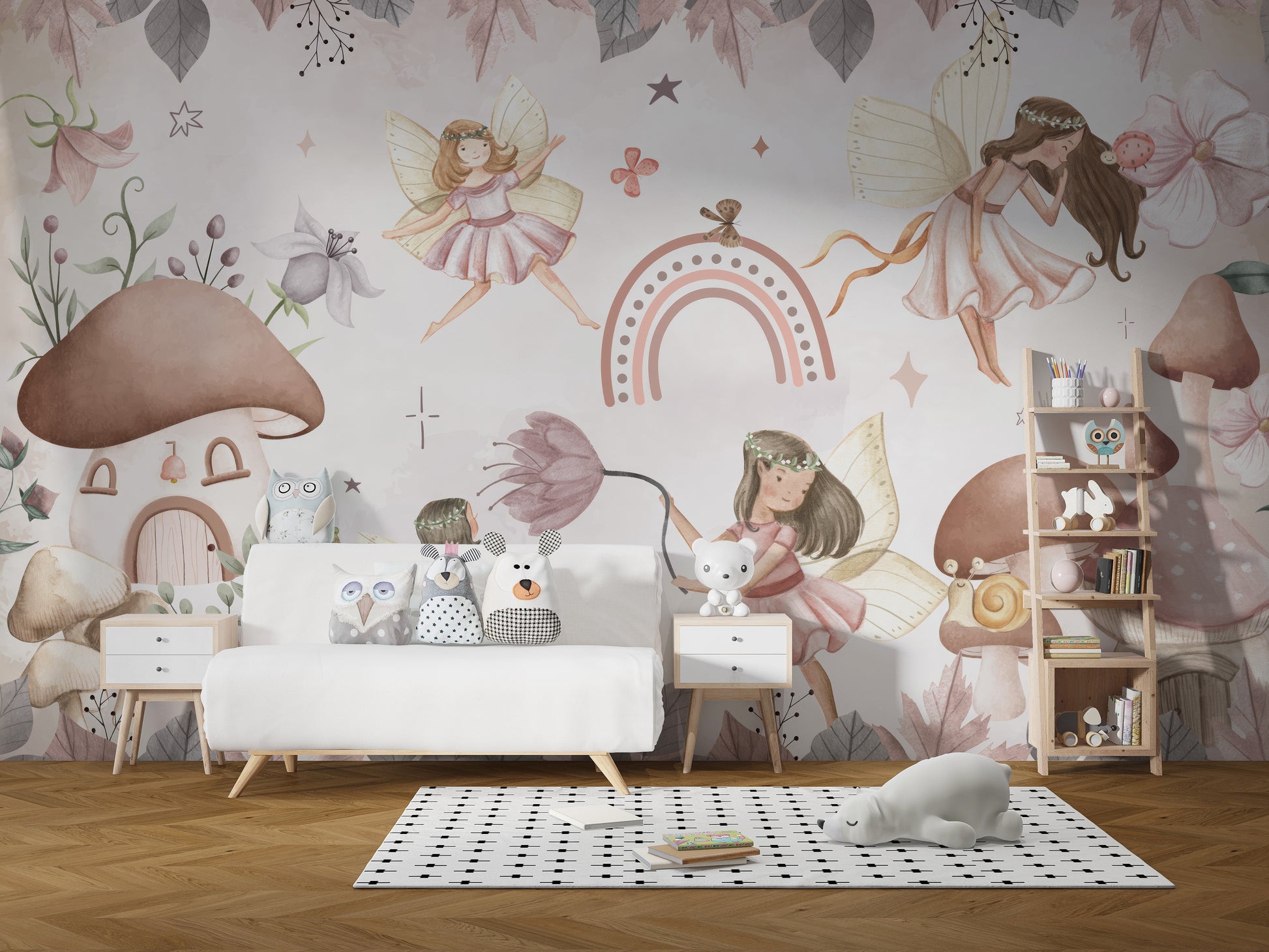 Enchanted forest mural with magical fairy scenes