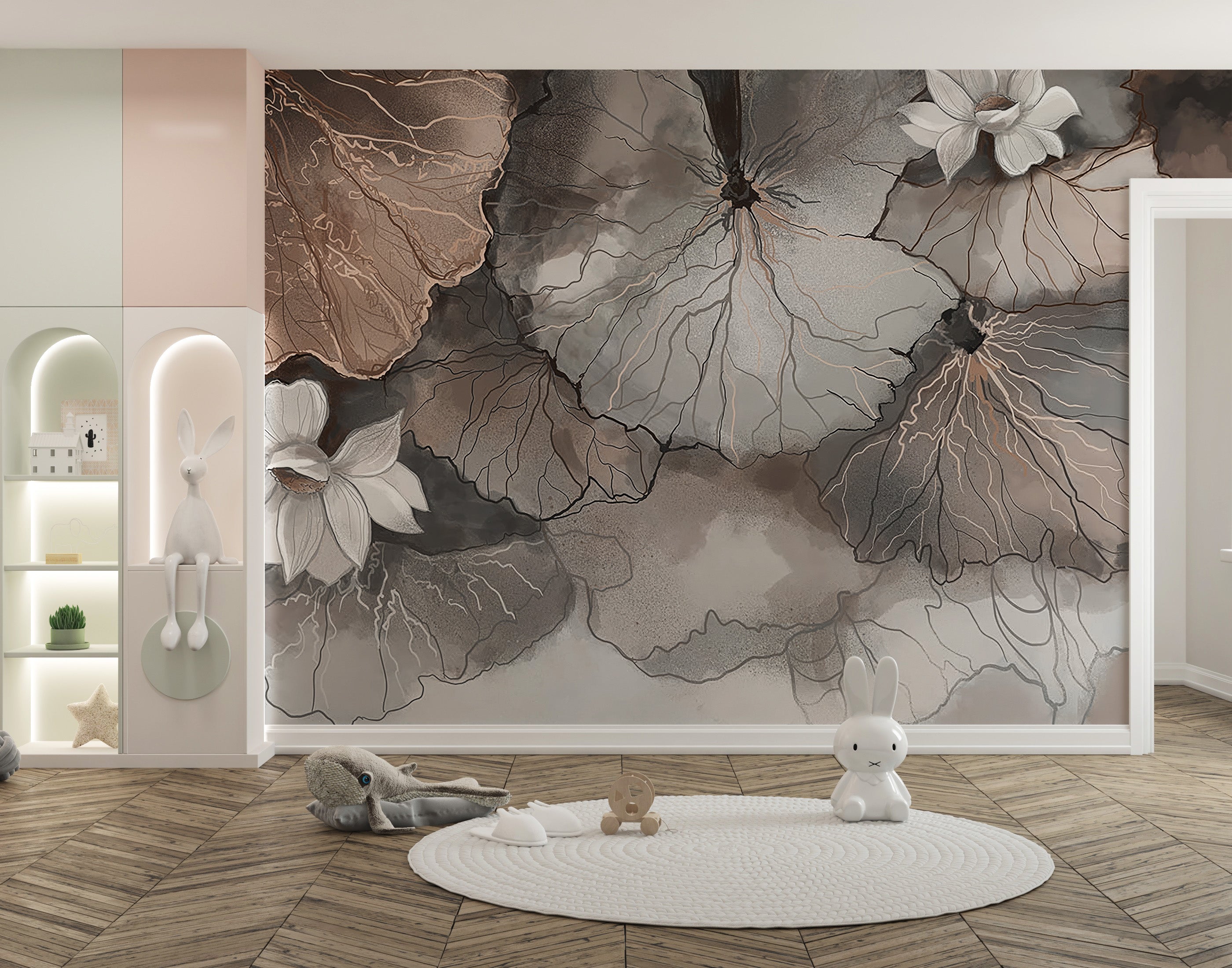 Subtle lotus leaf wallpaper in peach hues
