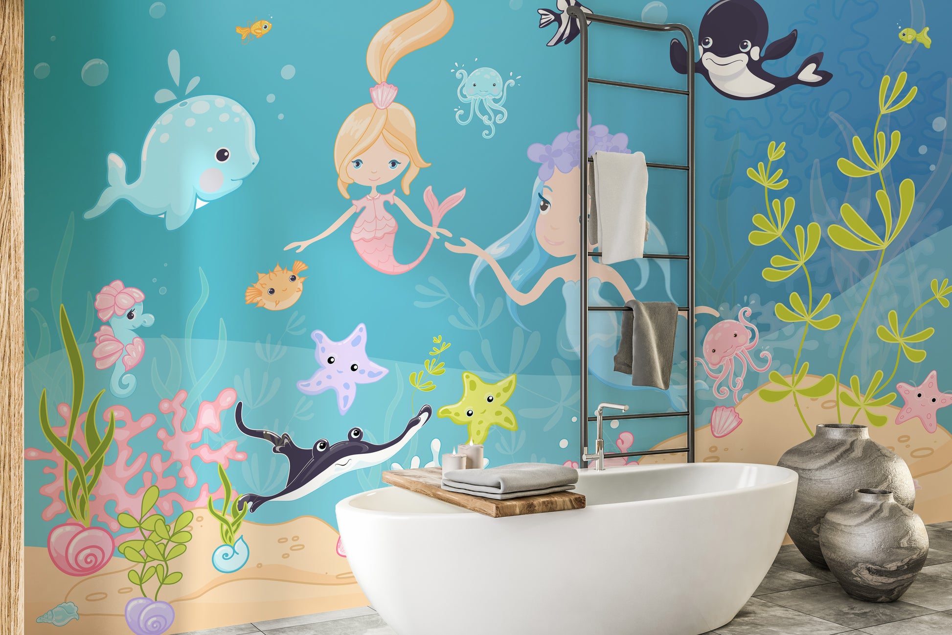 Underwater animals and mermaid adventure wallpaper