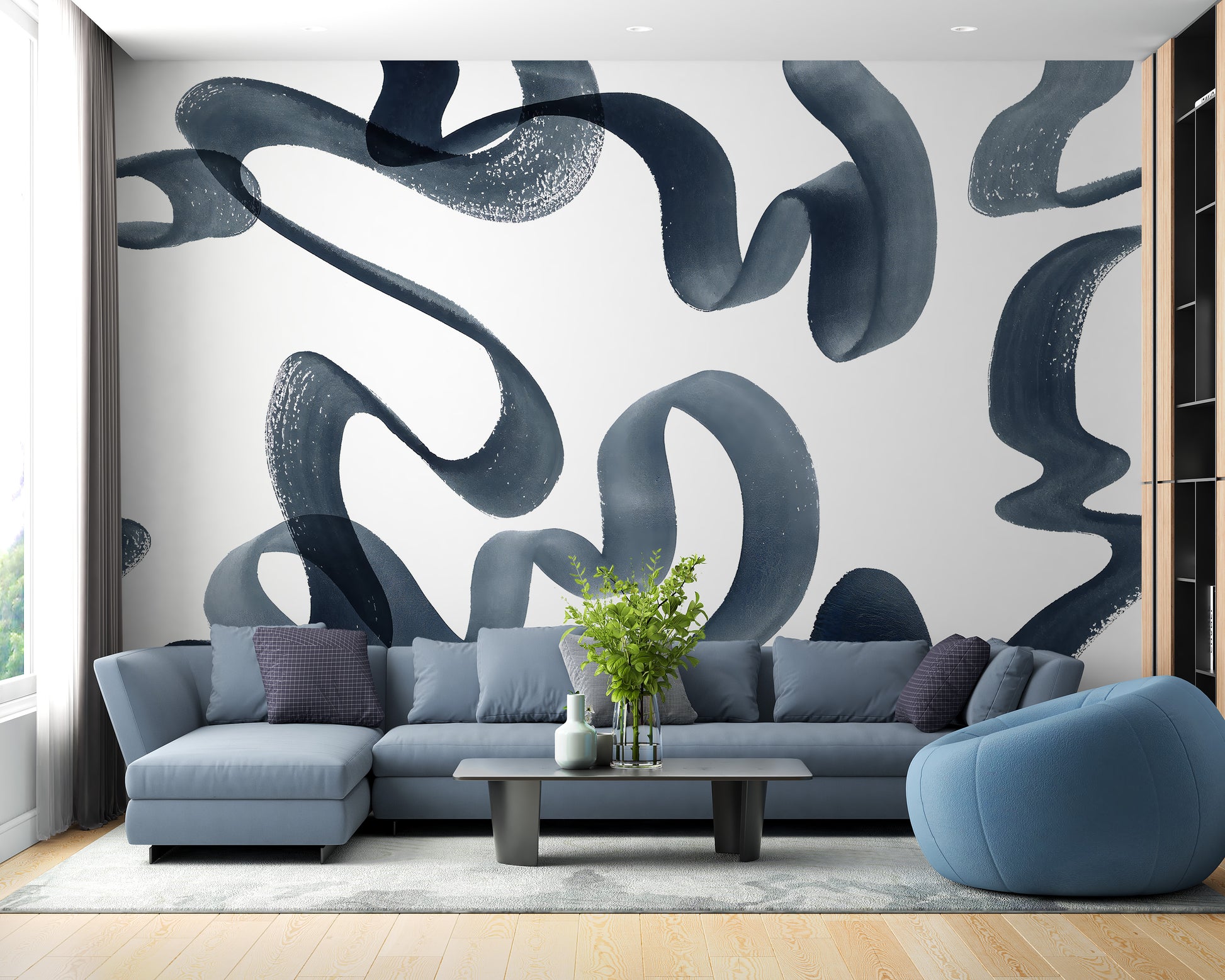 Elegant blue swirls watercolor wallpaper for modern interiors