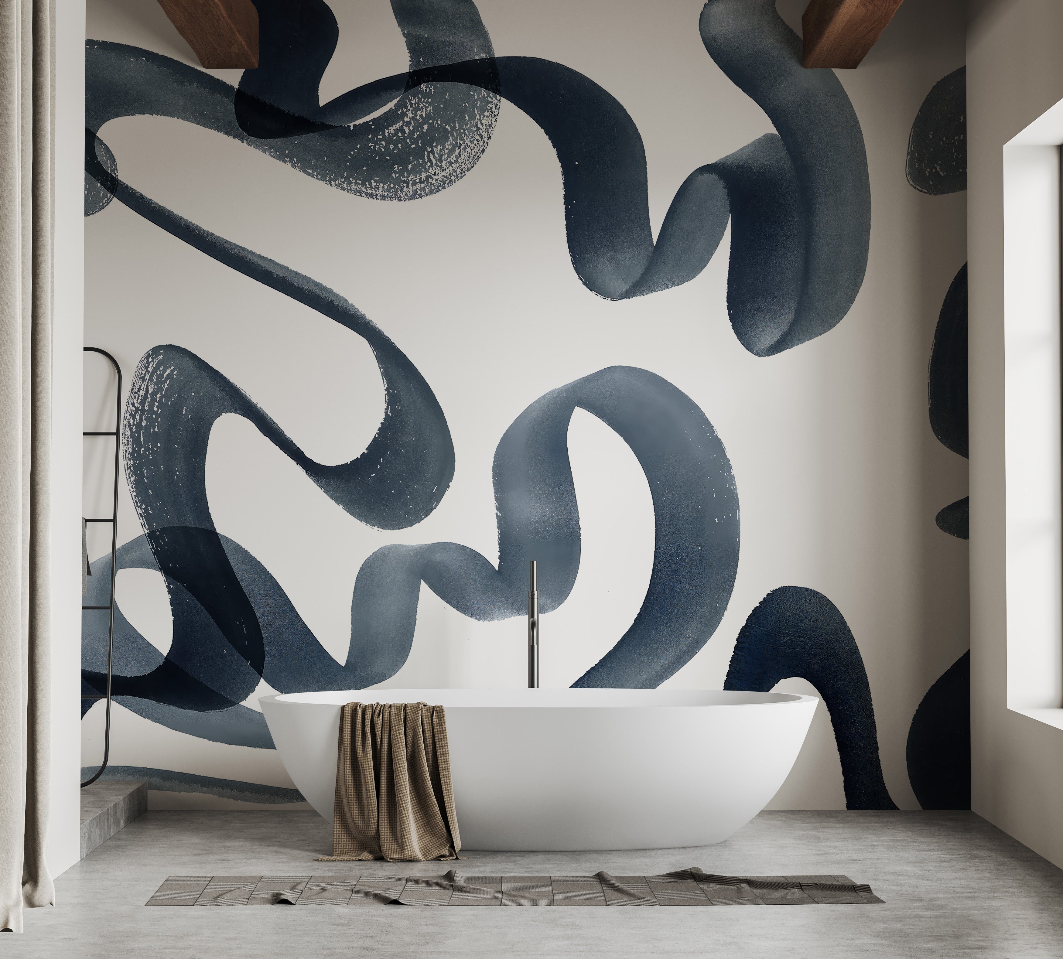 Minimalist watercolor blue swirls wallpaper for bathroom