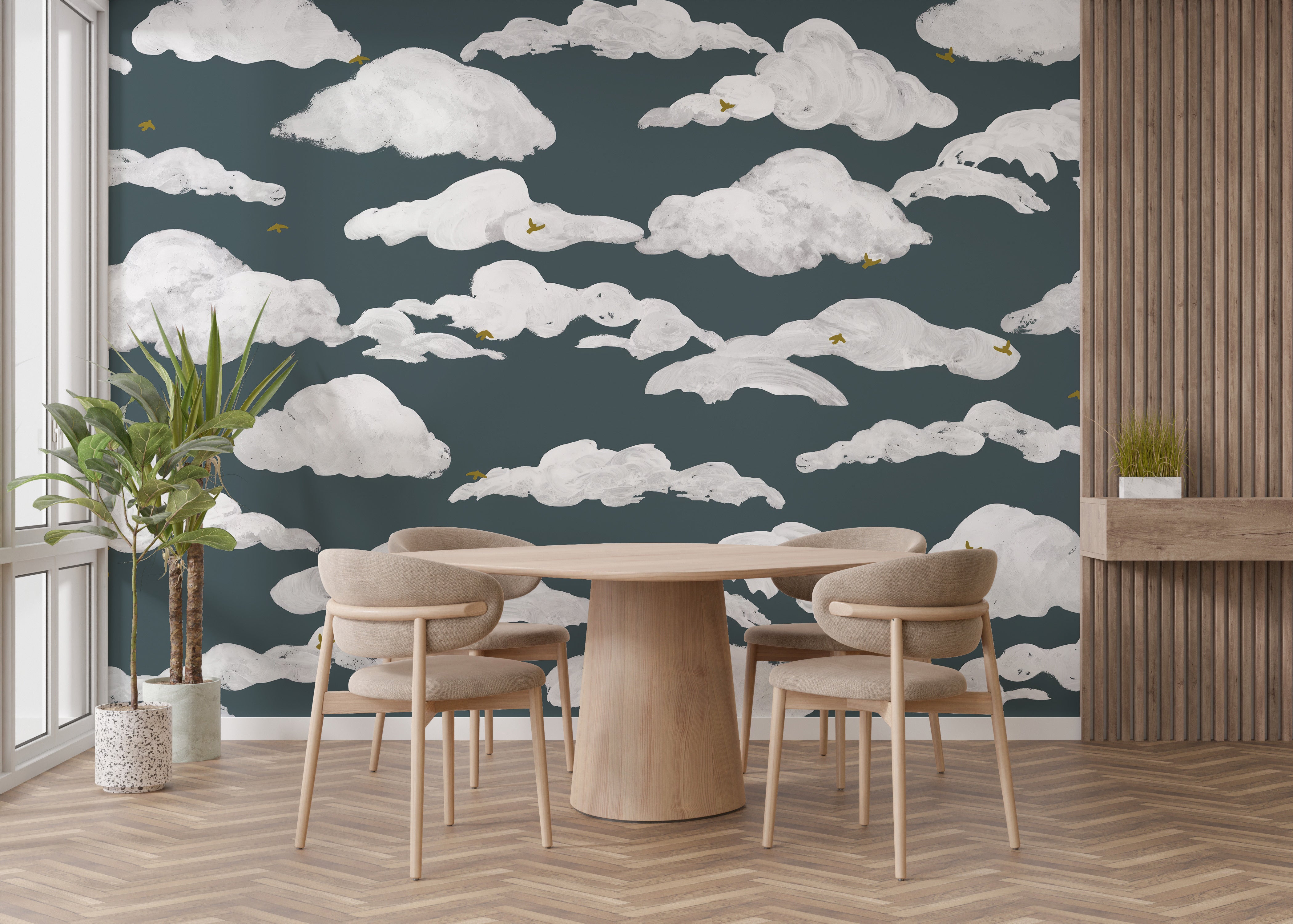 Dreamy blue wallpaper with white cloud patterns for walls