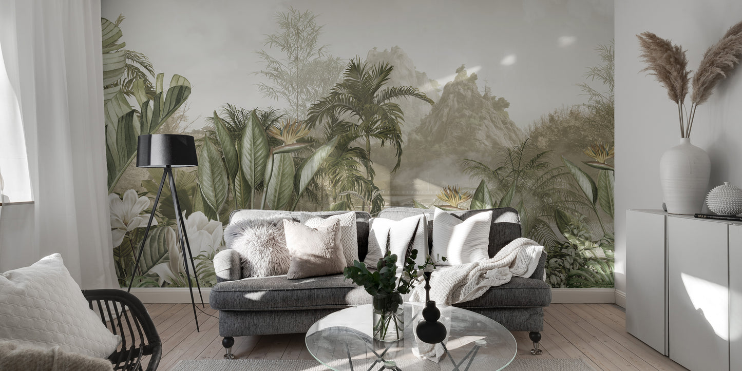 Lush ethereal jungle wall mural for statement living room decor.