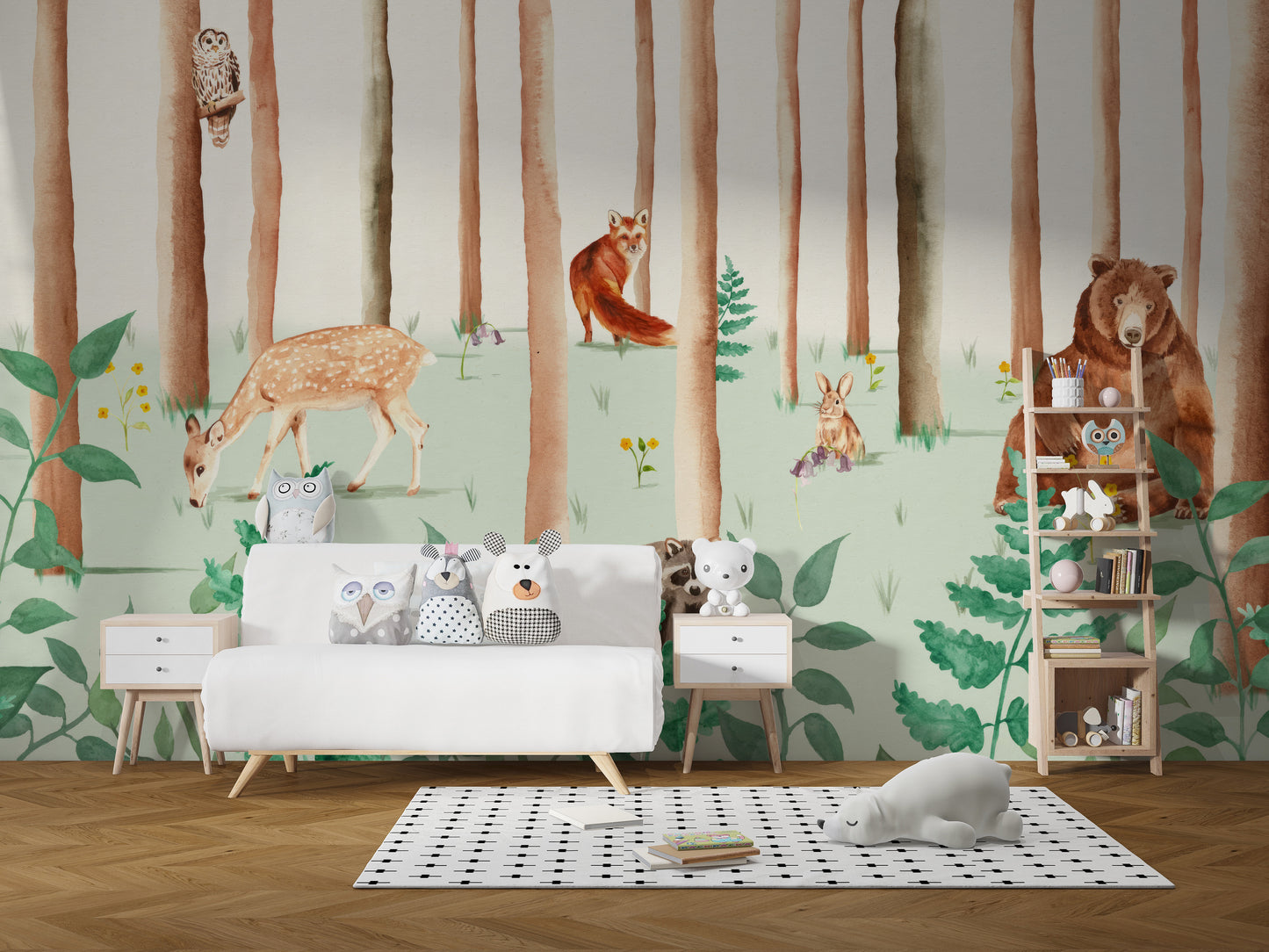 Whimsical Storybook Wildlife wall mural for kids' room decor.