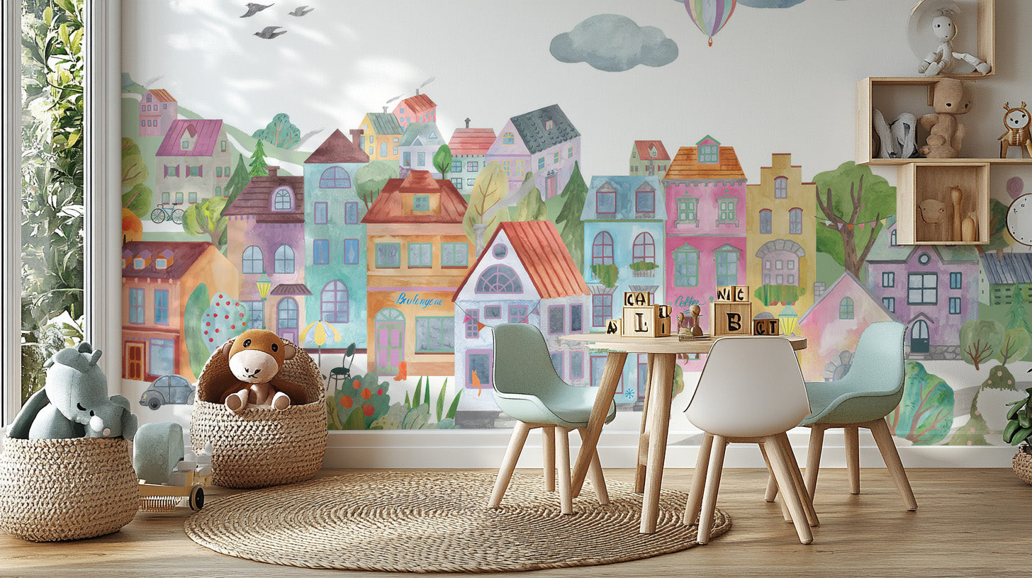 Colorful cityscape wallpaper for vibrant kids room decor