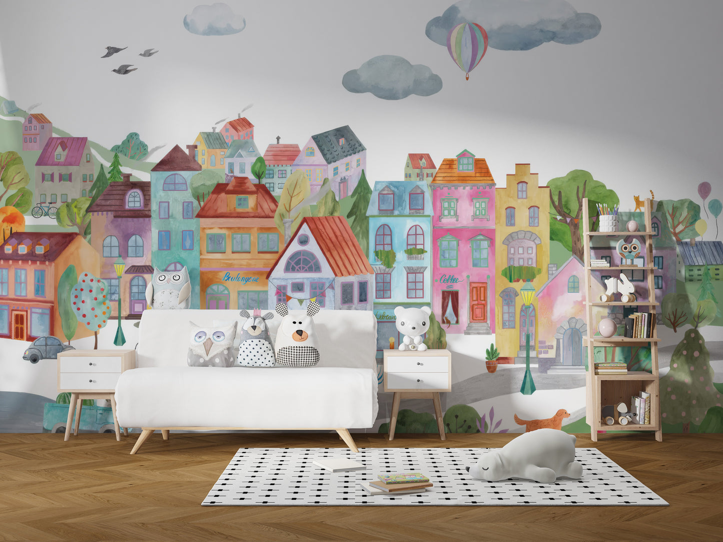 Cartoonish city mural wallpaper for kids' bedroom decor