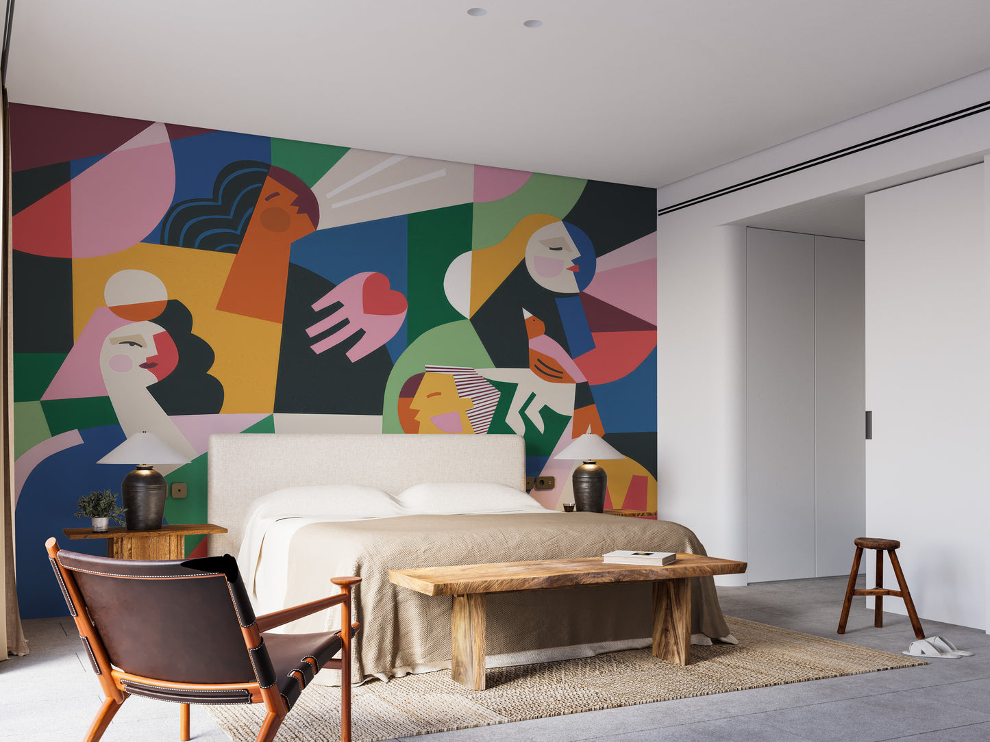 Bold geometric women mural wallpaper for interiors.