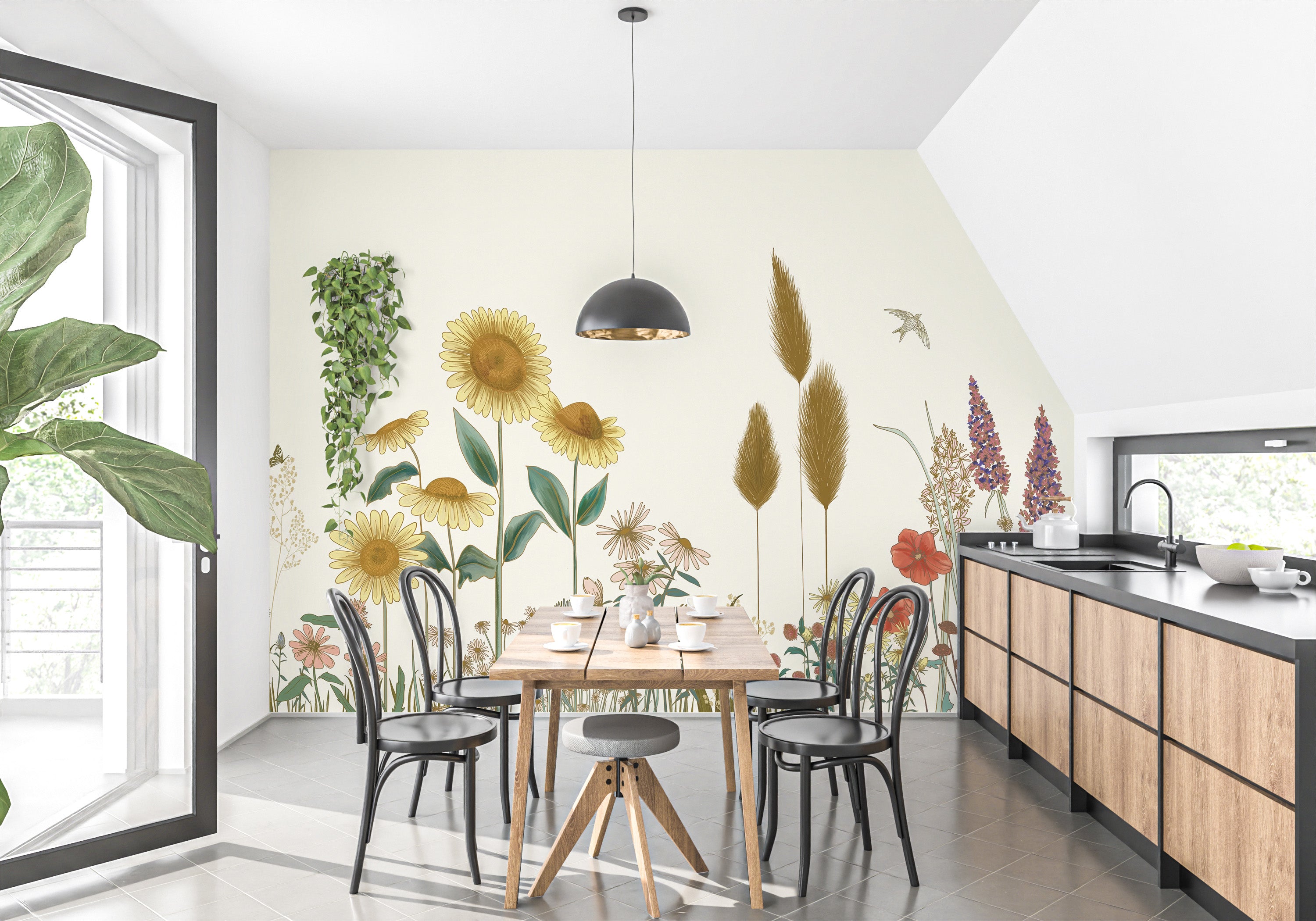 Colorful wallpaper with sunflowers and wild plants