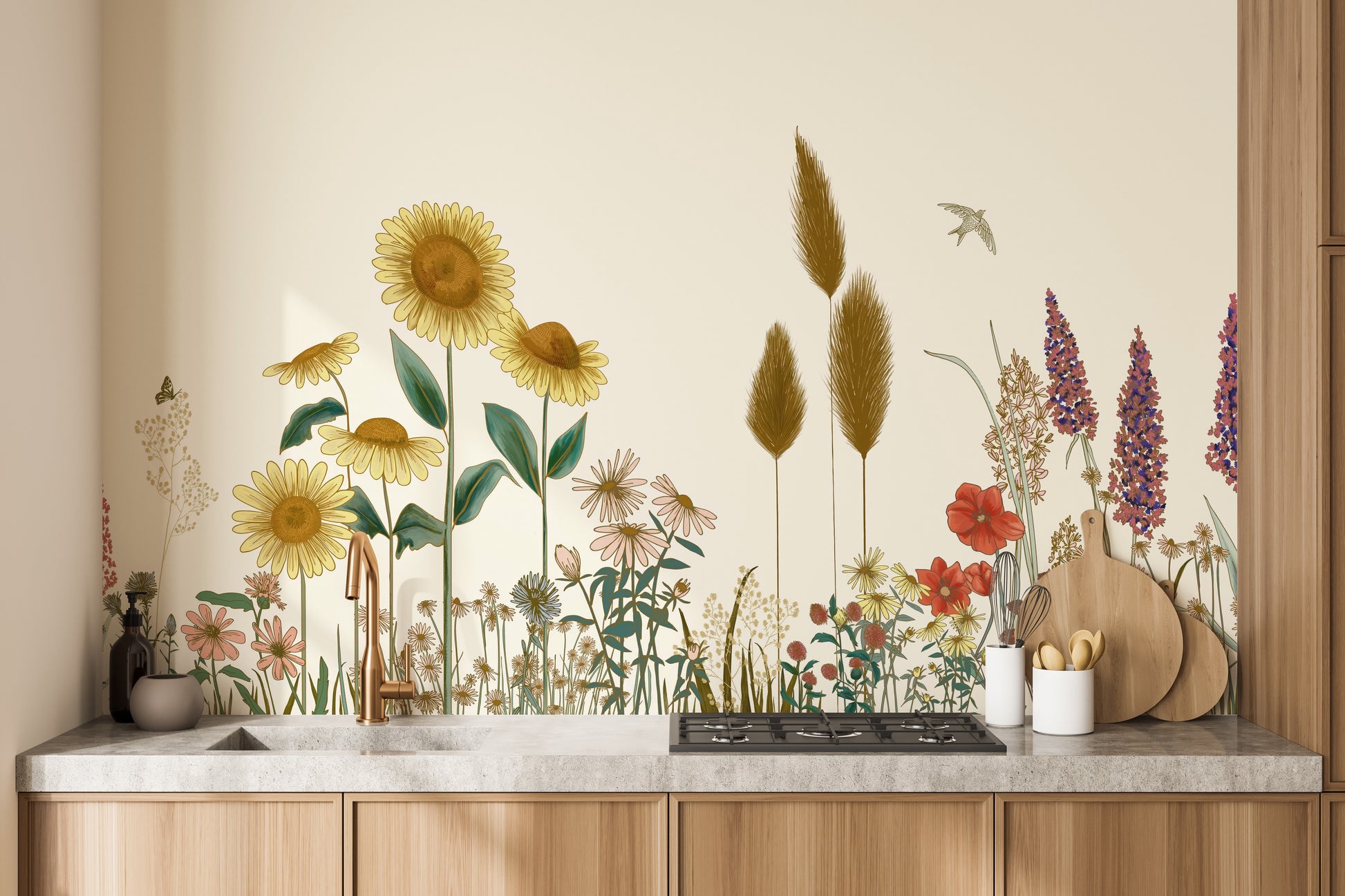 Stylish wallpaper with sunflowers and tall grasses