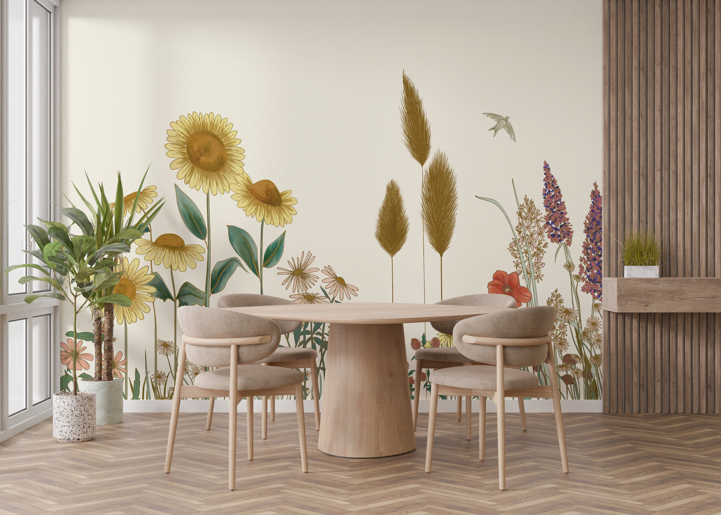 Sunflower field wallpaper mural with vibrant florals