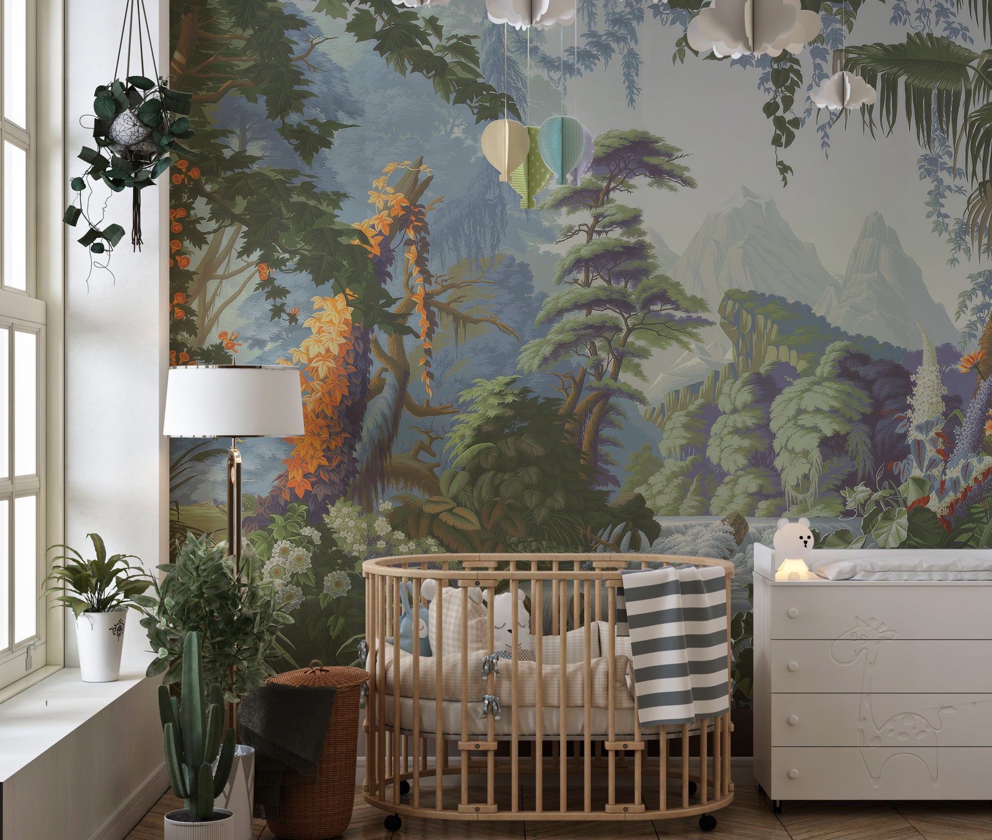 Peaceful jungle scene wallpaper mural with vibrant plants