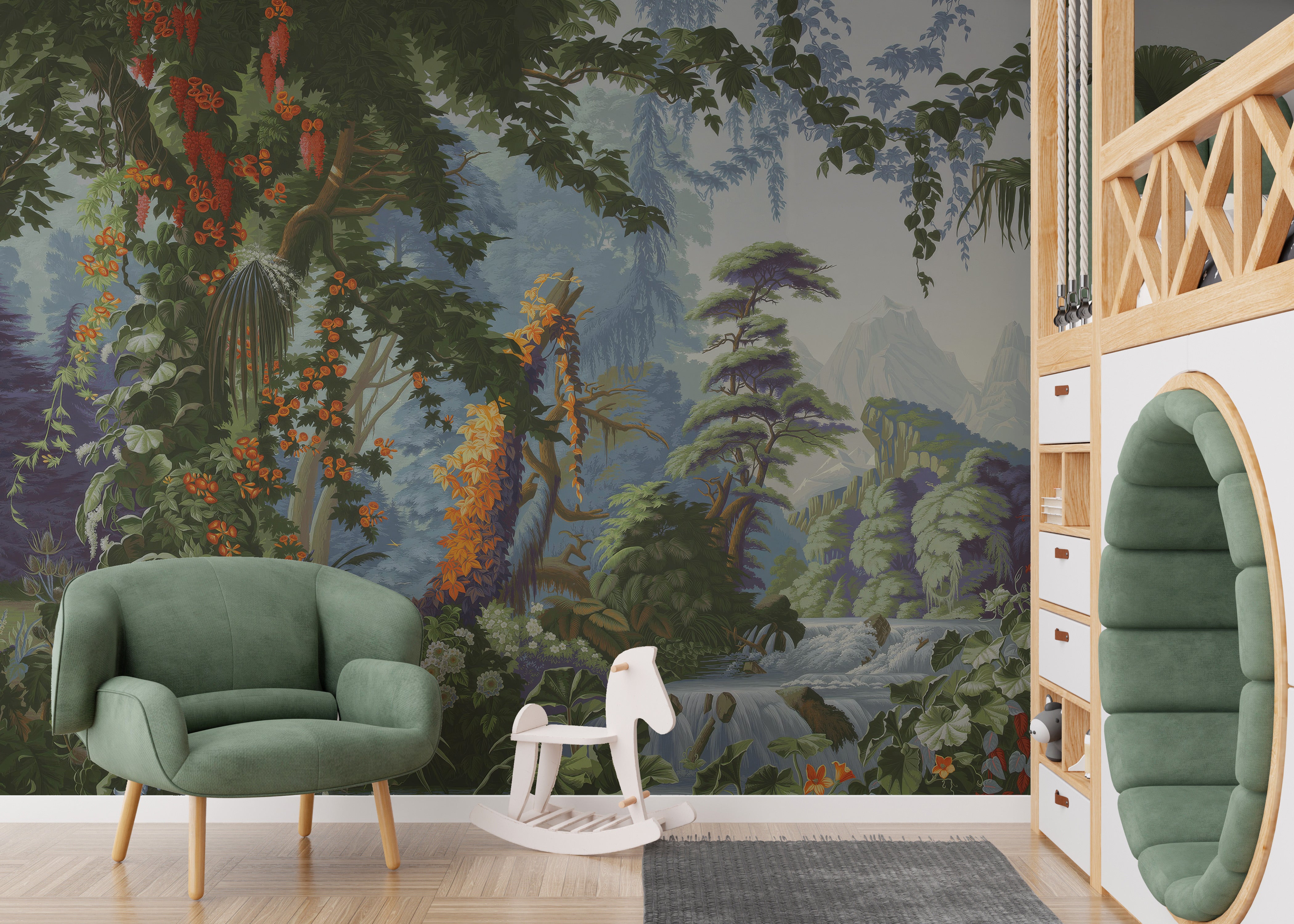 Serene forest wallpaper mural with lush greenery and blooms