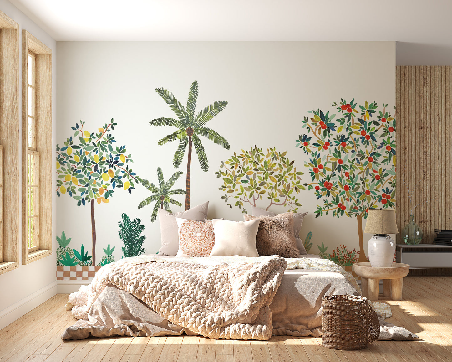 Palm and fruit tree wallpaper for a tropical vibe