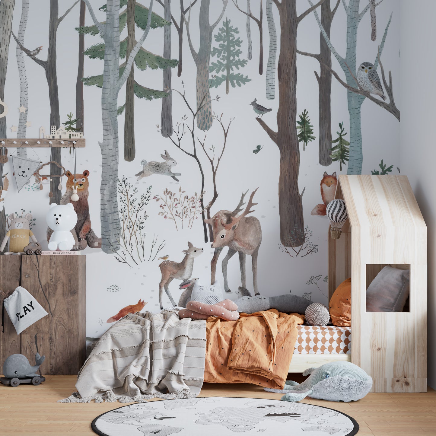 Charming birch tree wallpaper with playful forest animals