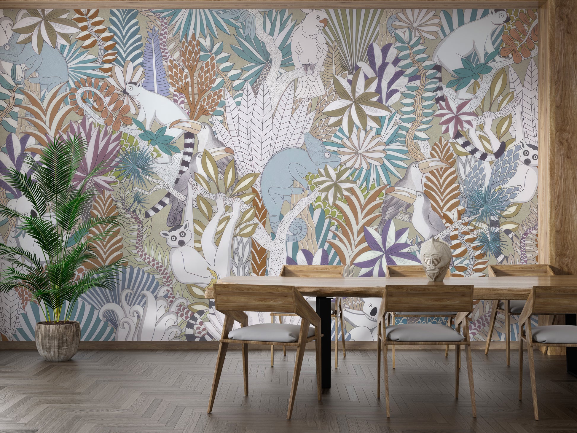 Stylish jungle wallpaper featuring exotic flora and fauna.