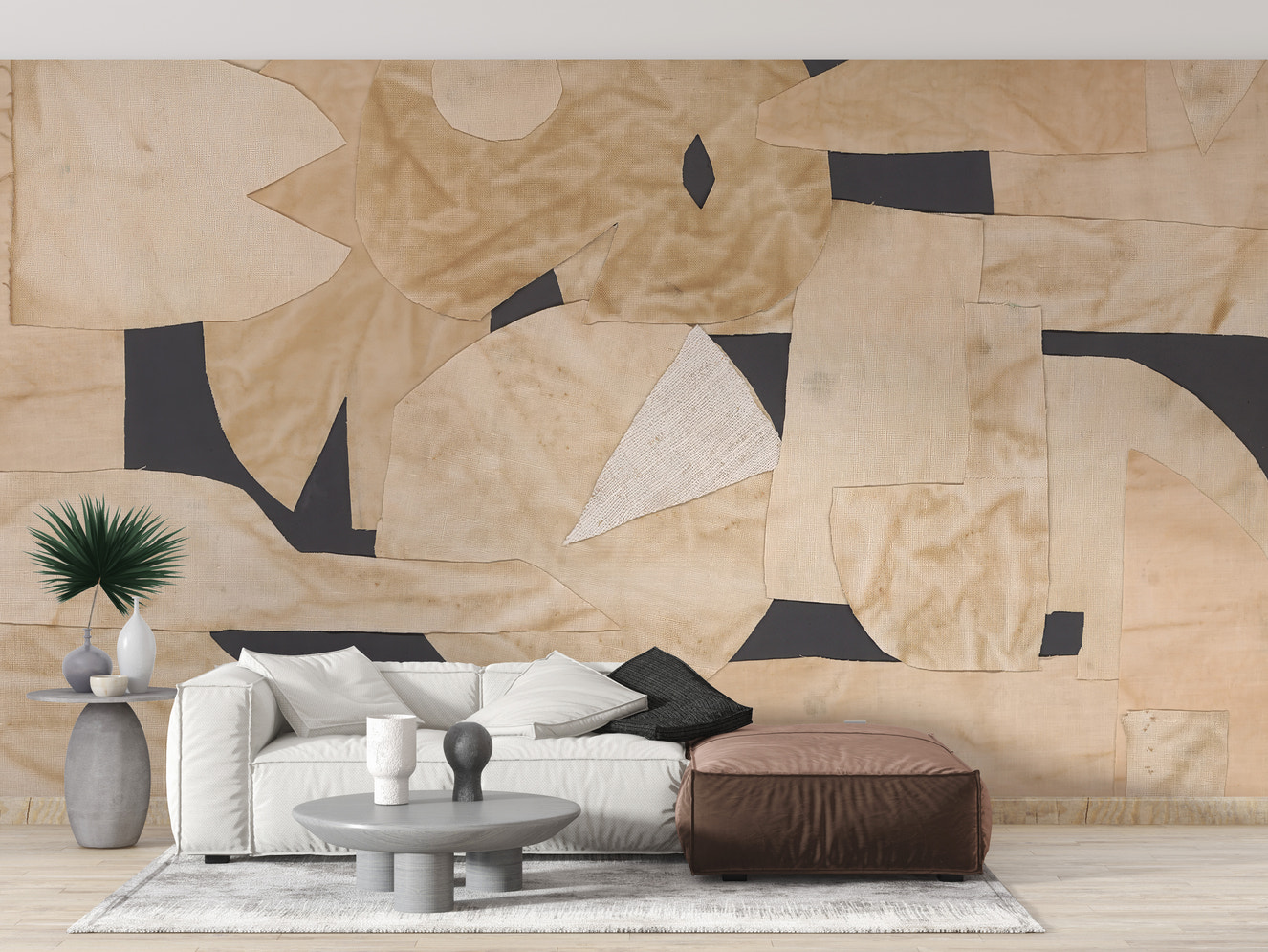 Abstract fabric collage wallpaper with neutral tones.