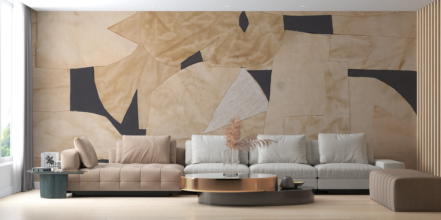 Beige and black abstract fabric cutout wallpaper design.