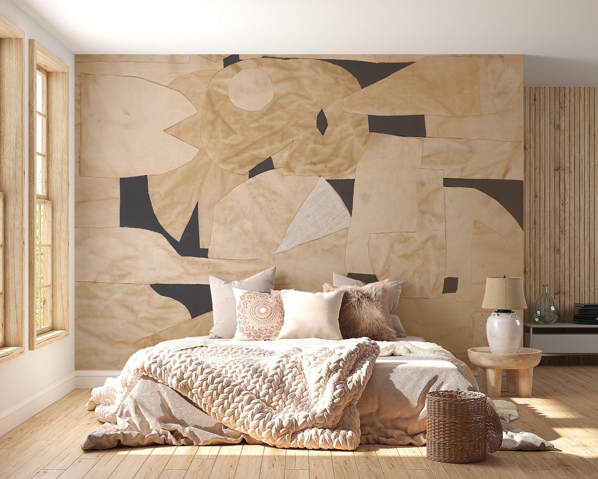 Modern abstract fabric collage wall mural .