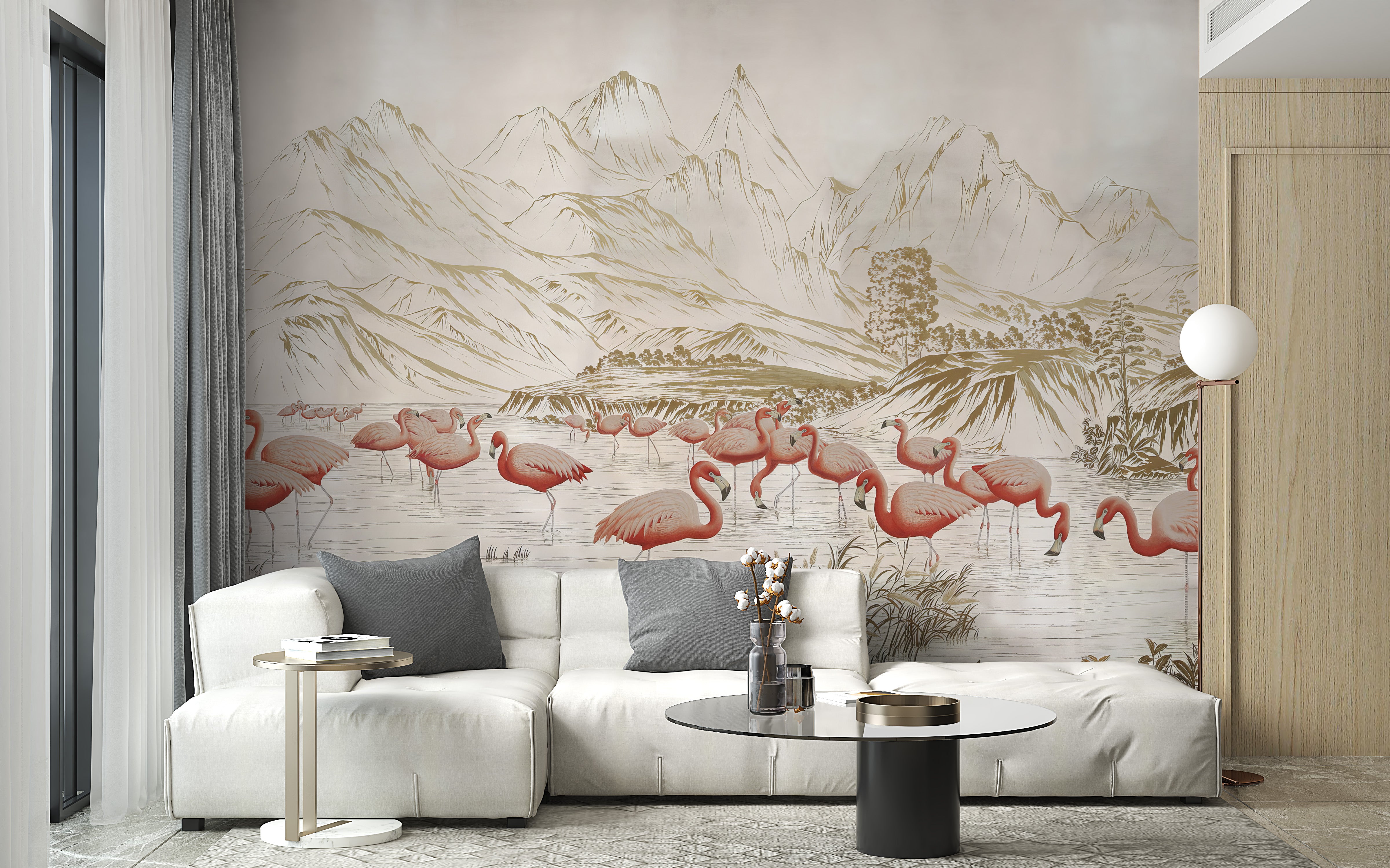 Chic pastel flamingo wallpaper for living room walls