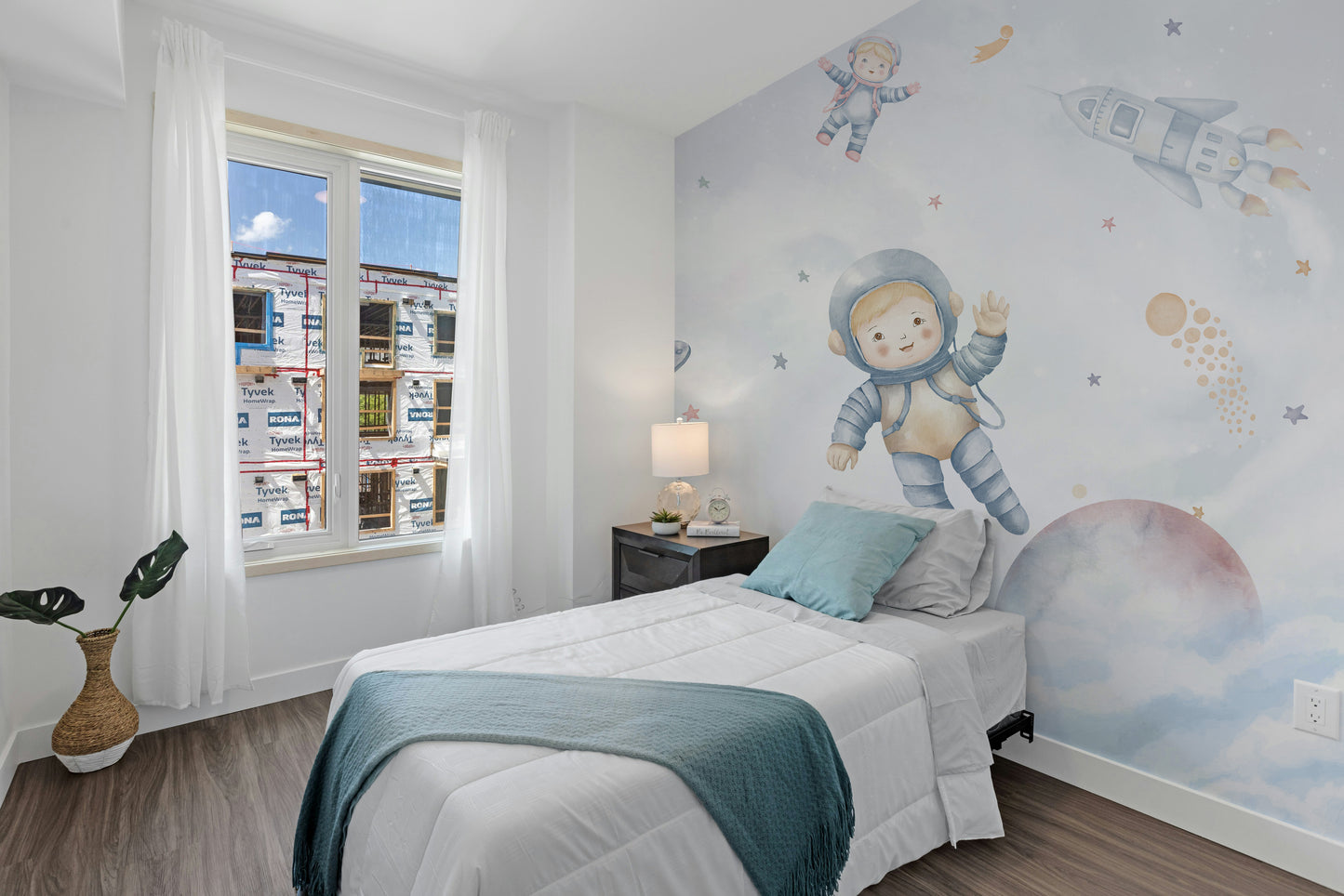 Space-themed adventure wallpaper for kids' bedrooms