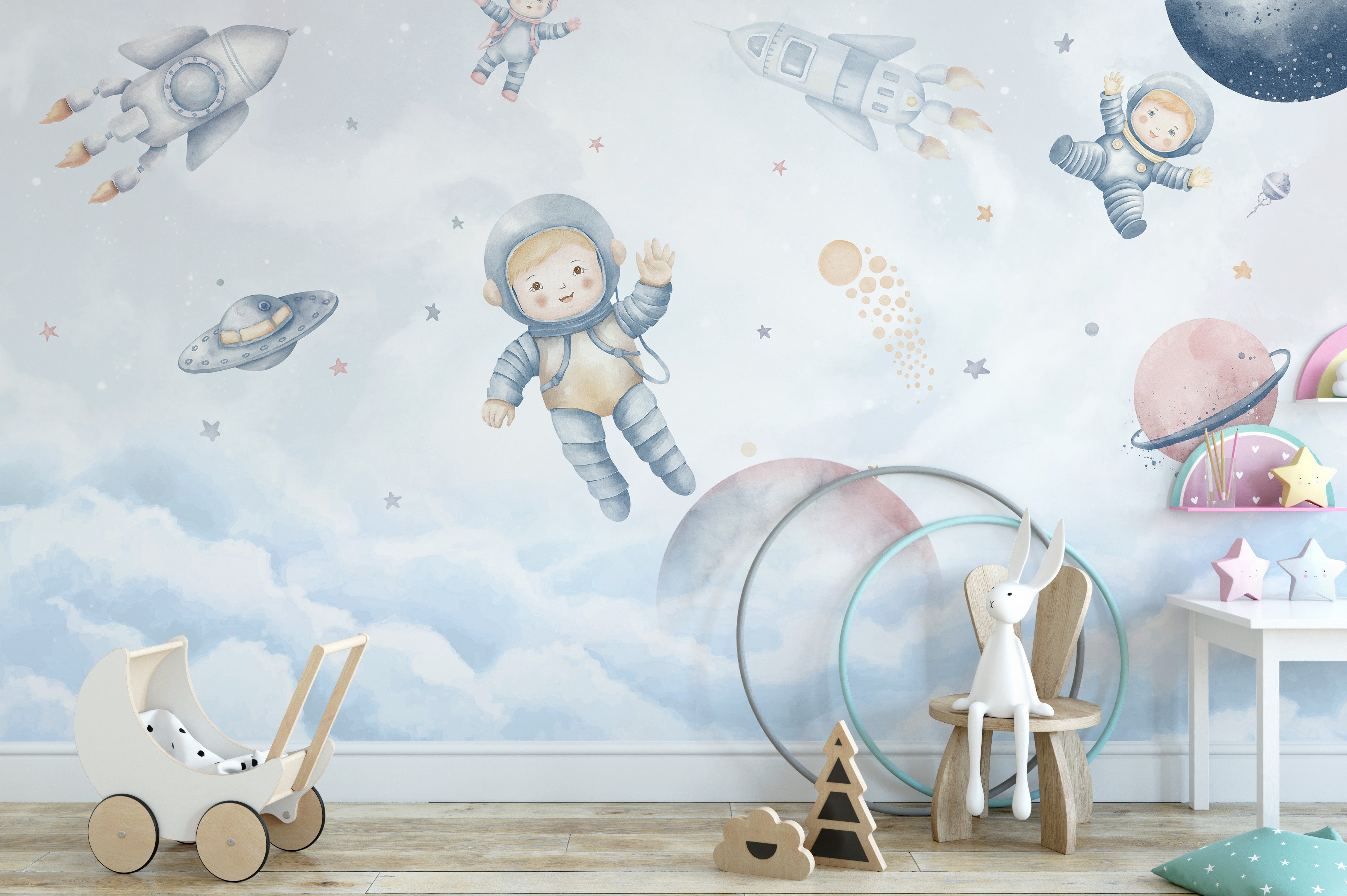 Astronaut kids exploring planets on space wallpaper.