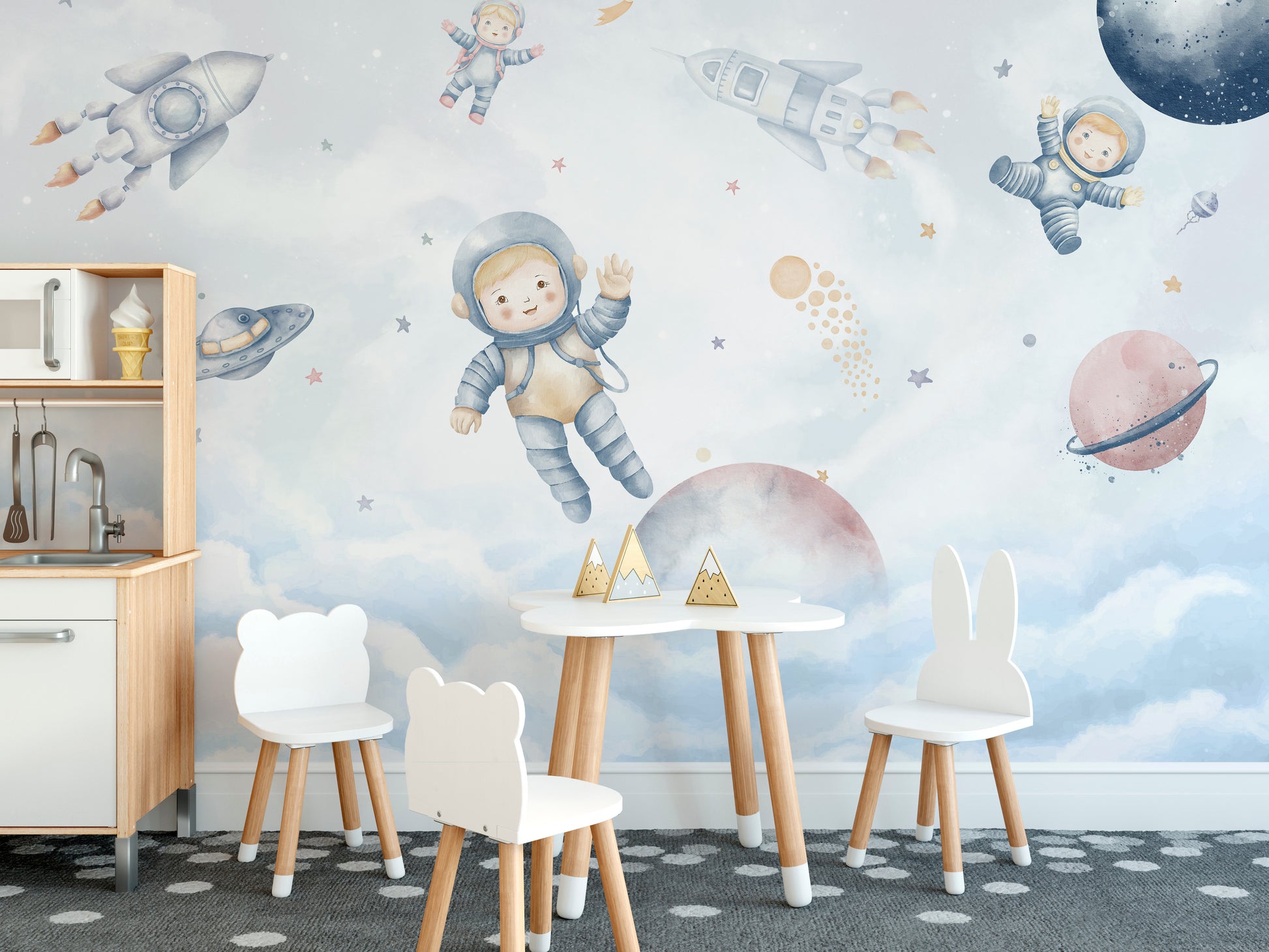 Playful astronaut and spaceship wallpaper for kids' walls.