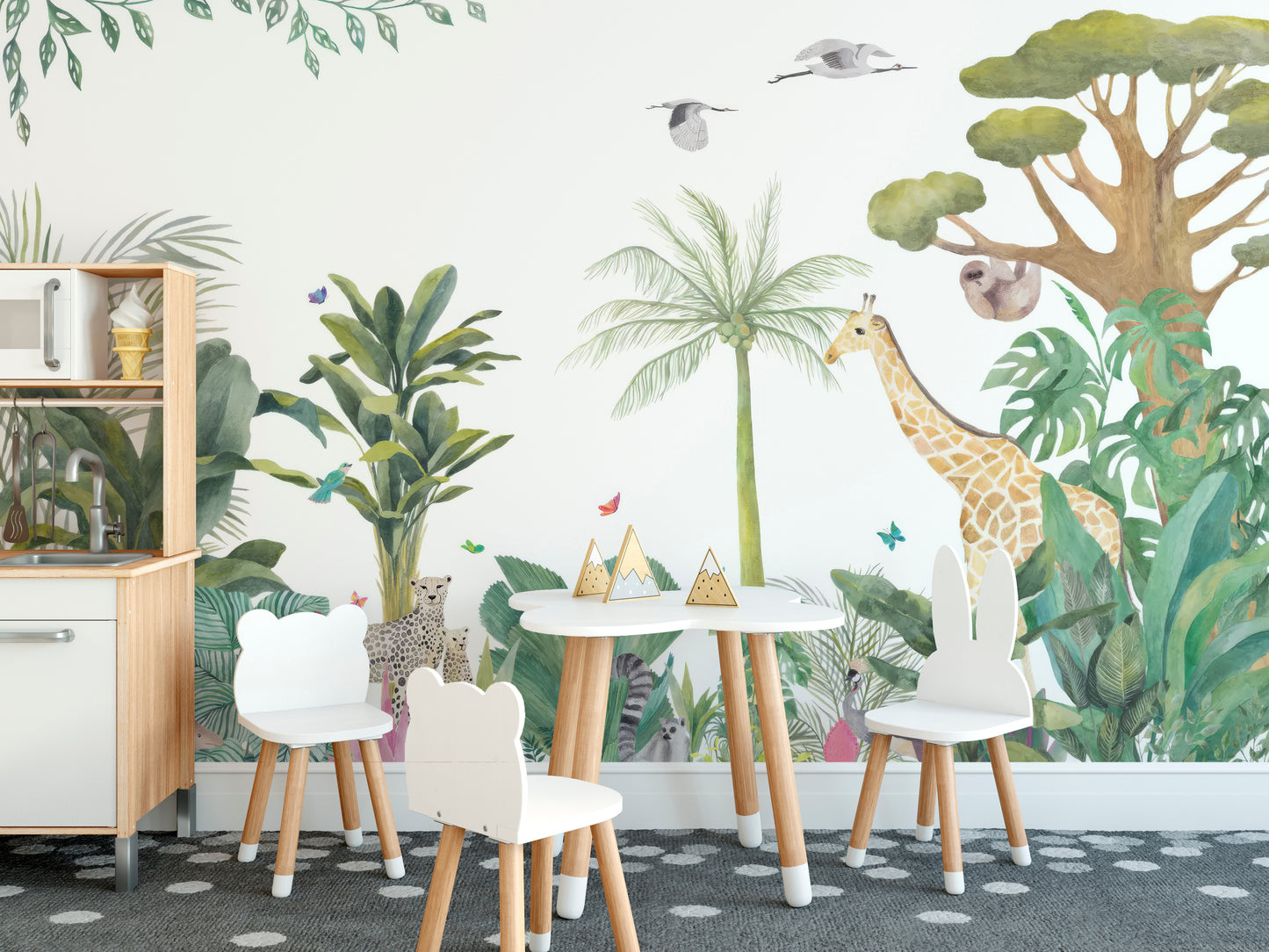 Vibrant wallpaper of jungle animals and tropical plants