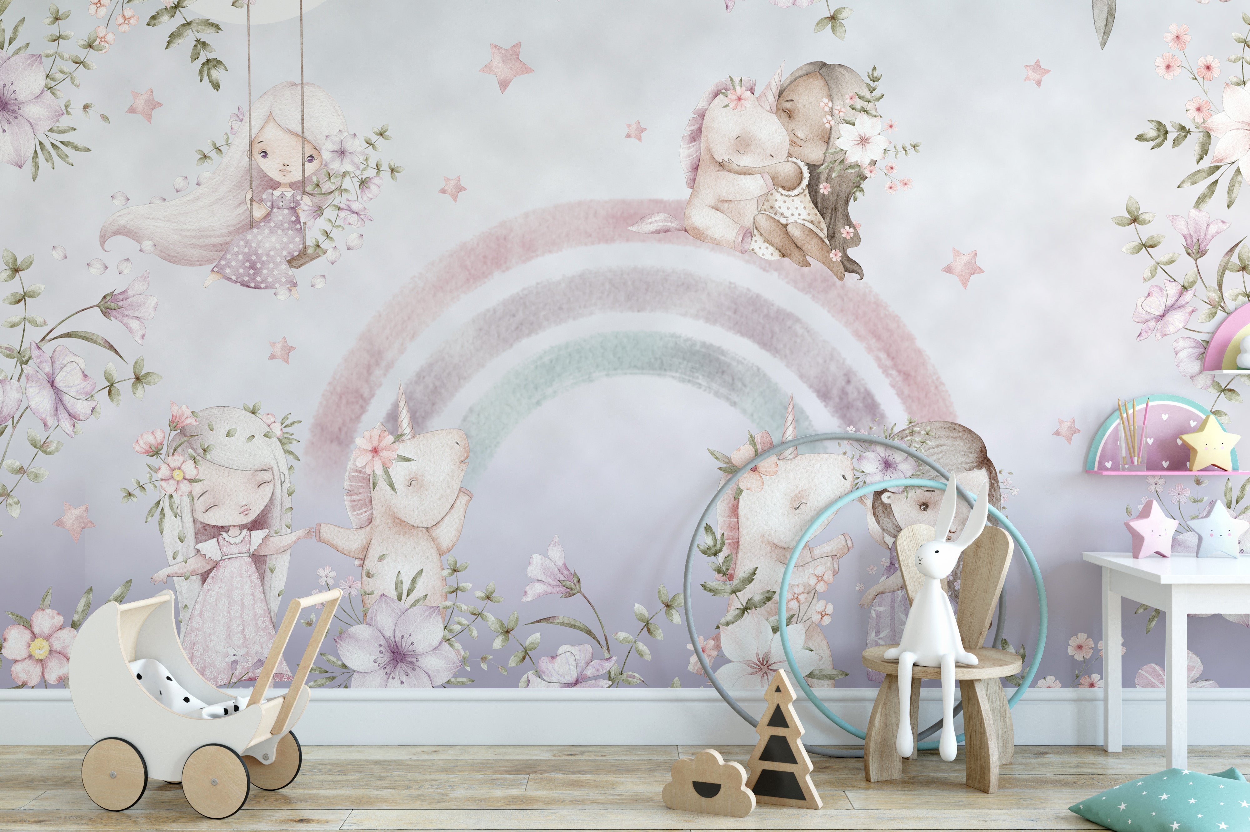 Fantasy-themed wallpaper with a rainbow and floral accents.